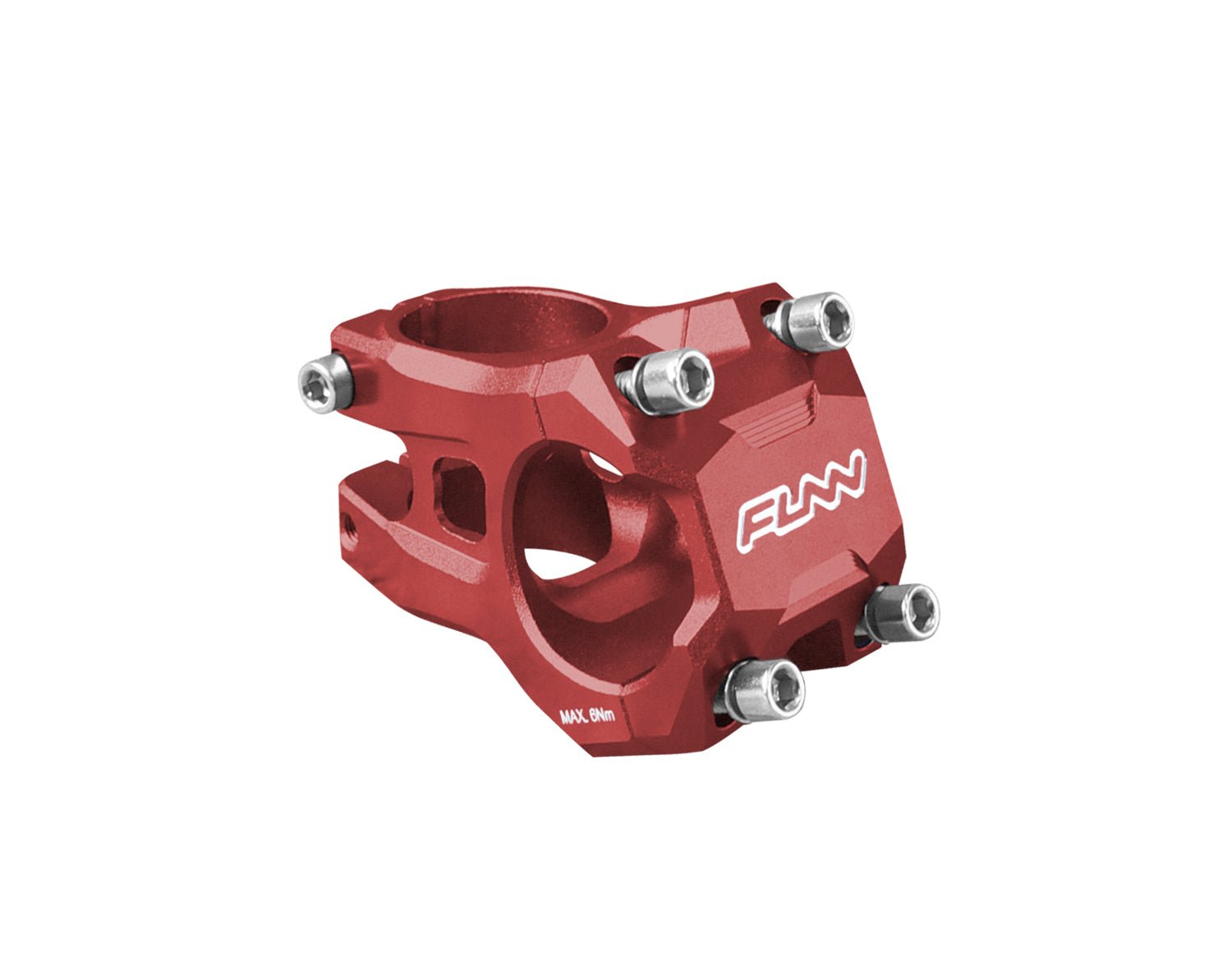 Red FUNN Strippa EVO Stem, CNC alloy MTB stem with 31.8mm clamp and 35mm length, four-bolt faceplate and stainless bolts