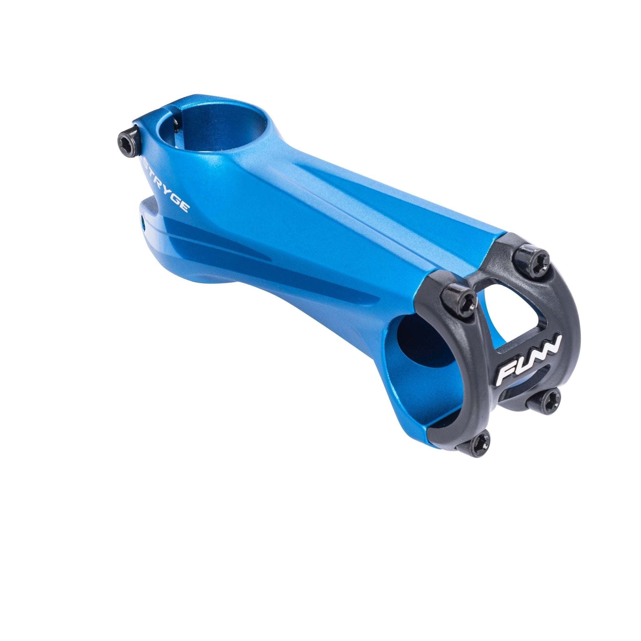FUNN Stryge Drop Stem 100mm in blue alloy, sleek aerodynamic shape with black faceplate for performance bike handlebars