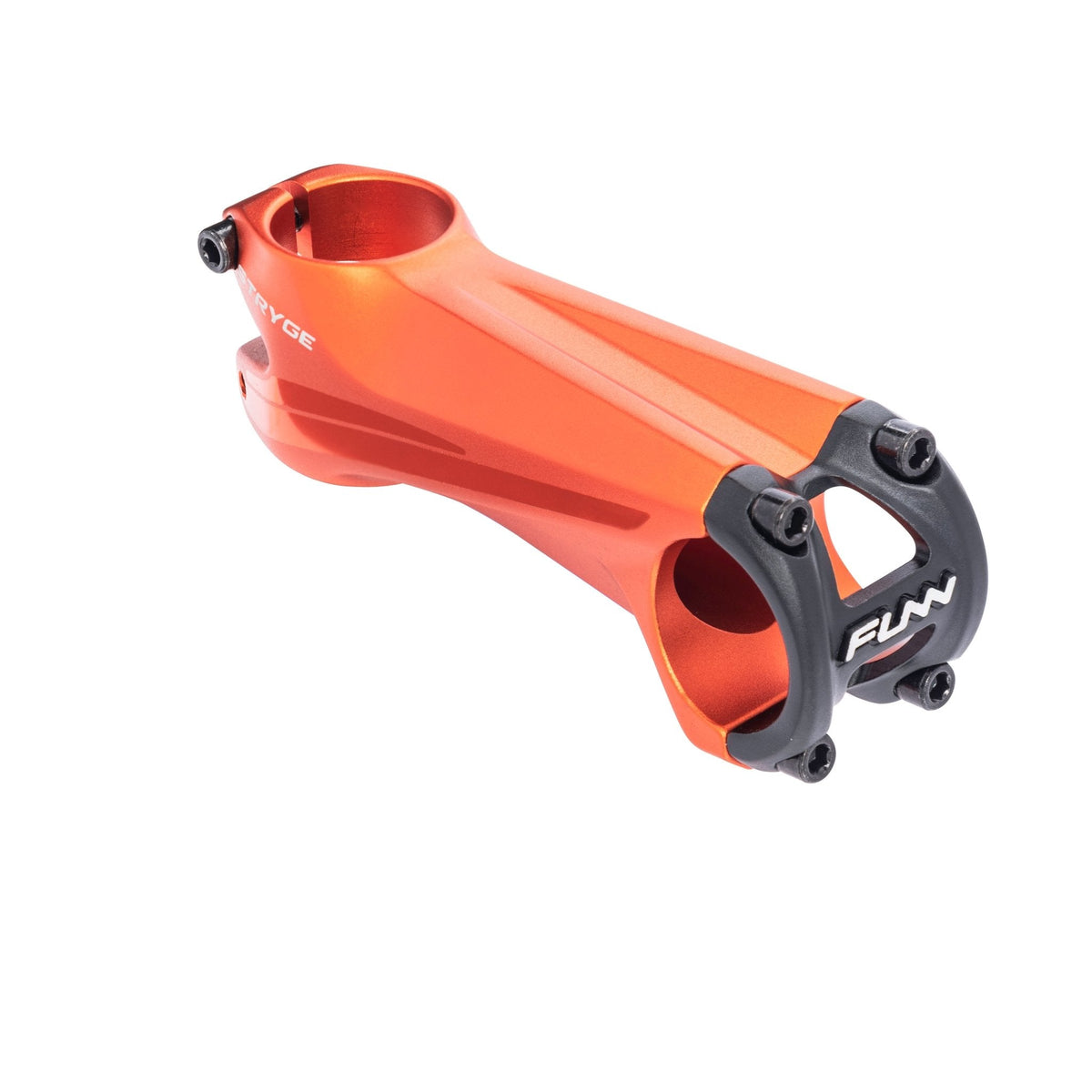 FUNN Stryge Drop Stem 100mm in anodized orange, lightweight alloy with aerodynamic shape and black four-bolt faceplate