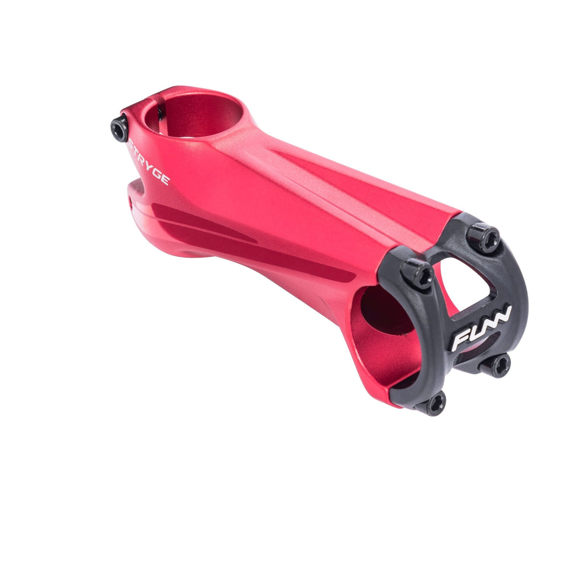 FUNN Stryge Drop Stem 100mm in red alloy, aerodynamic shape with black faceplate for secure, low-profile handlebar mounting