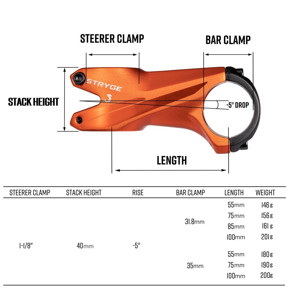 FUNN Stryge Drop Stem in orange alloy, low-rise -5° bike handlebar stem with steerer and bar clamp measurements shown
