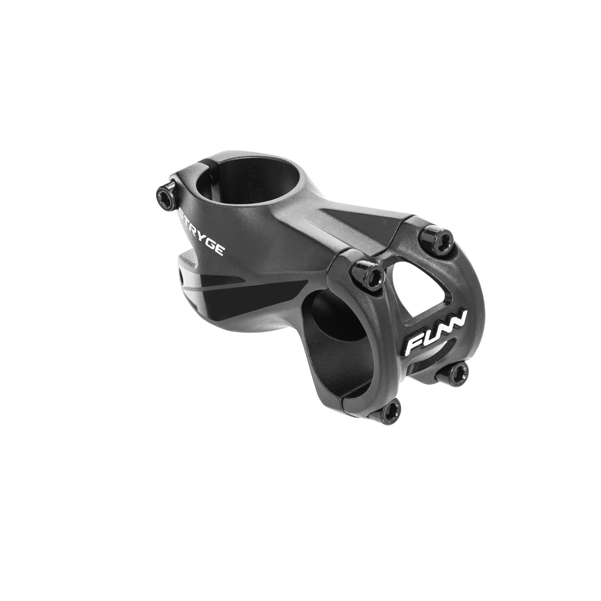 Black FUNN Stryge Drop Stem, 55mm alloy bike stem with -5° drop, four-bolt faceplate and sleek angular design