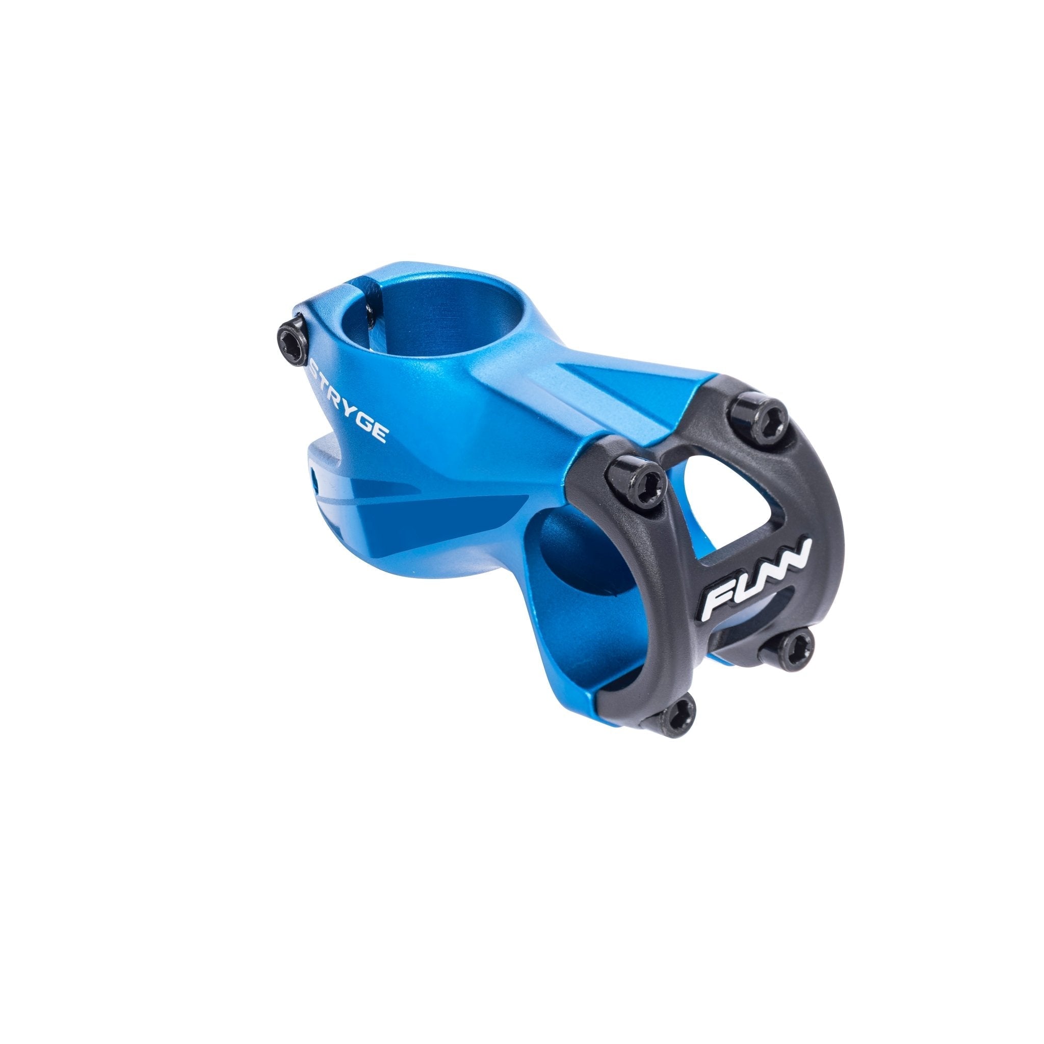 FUNN Stryge Drop Stem 55mm in blue alloy with black faceplate, lightweight aerodynamic shape for performance mountain bikes