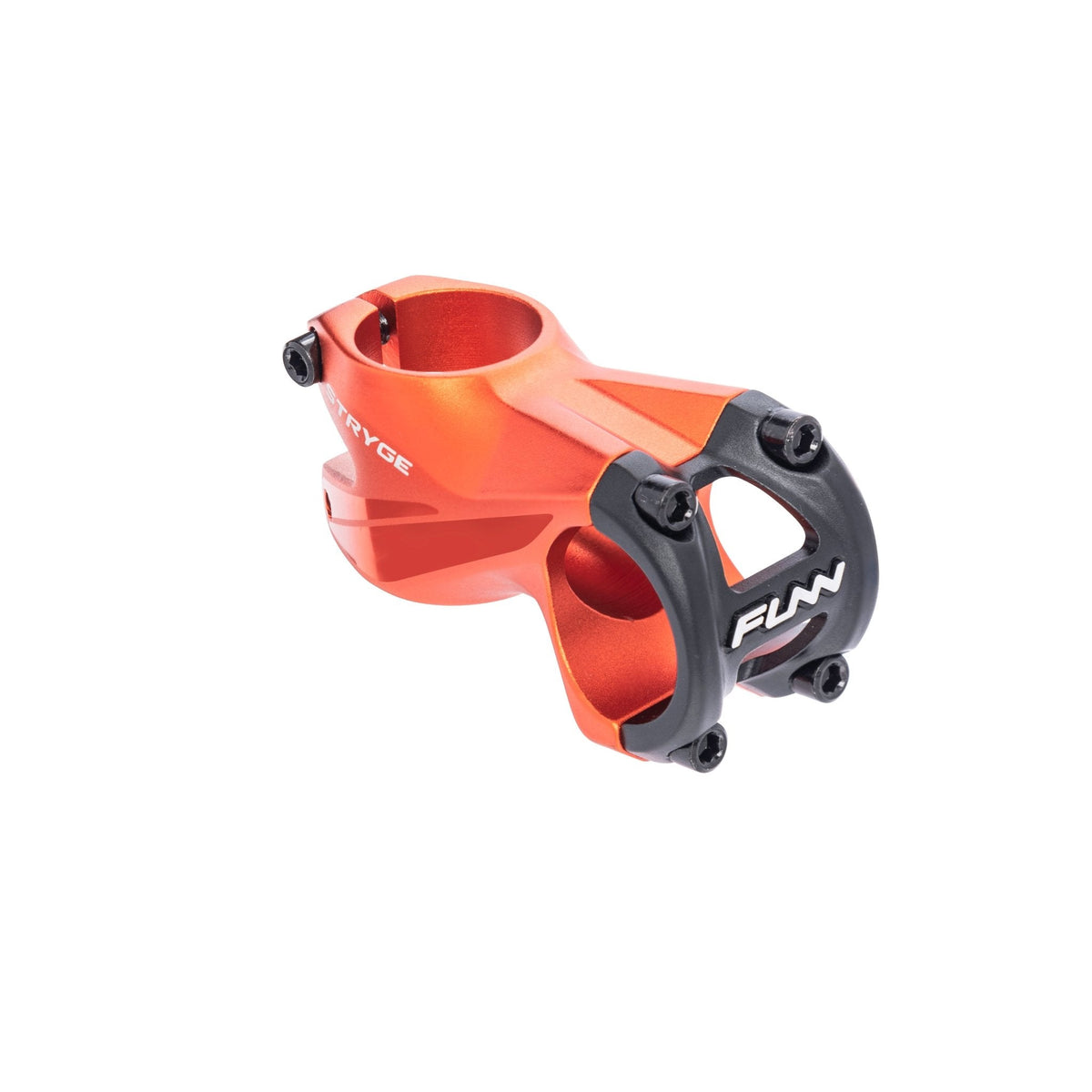 FUNN Stryge Drop Stem 55mm in orange alloy with black faceplate, aerodynamic shape for stiff, precise mountain bike control