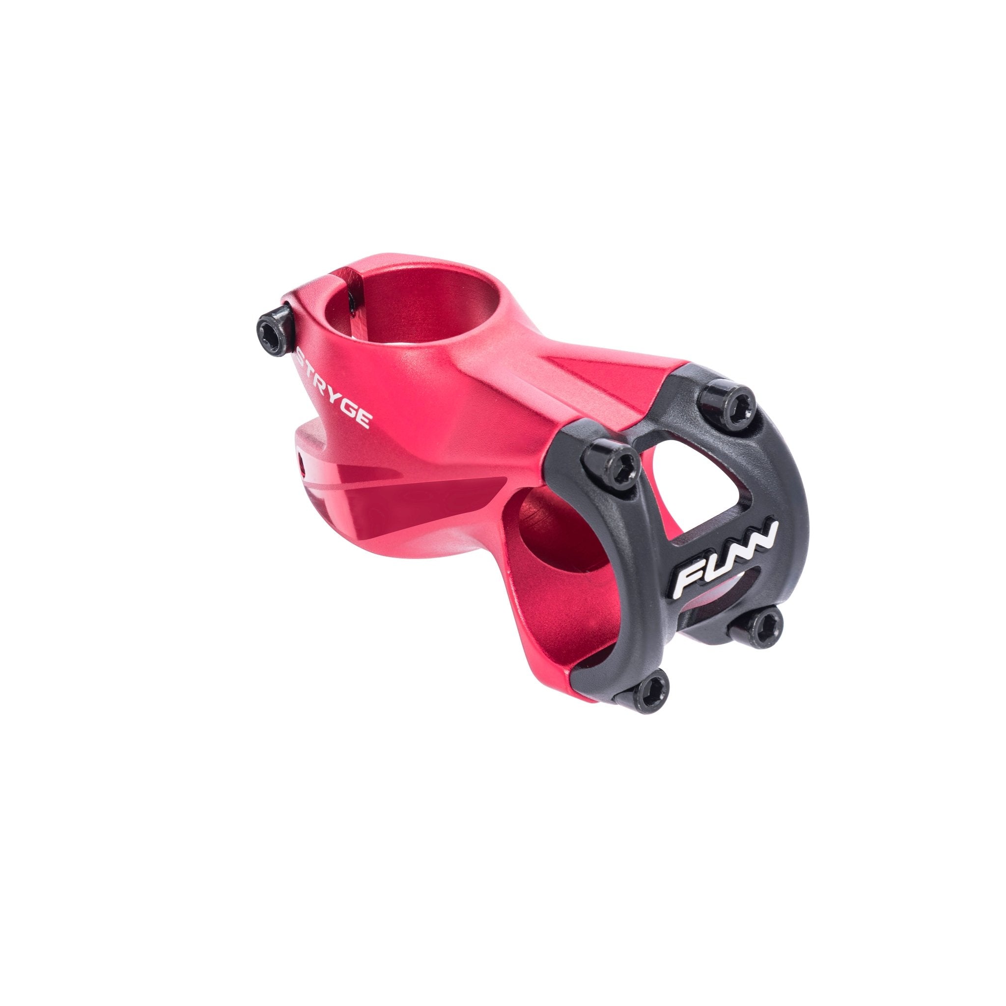FUNN Stryge Drop Stem 55mm in red alloy with black faceplate, aerodynamic shape for lightweight MTB handlebar control