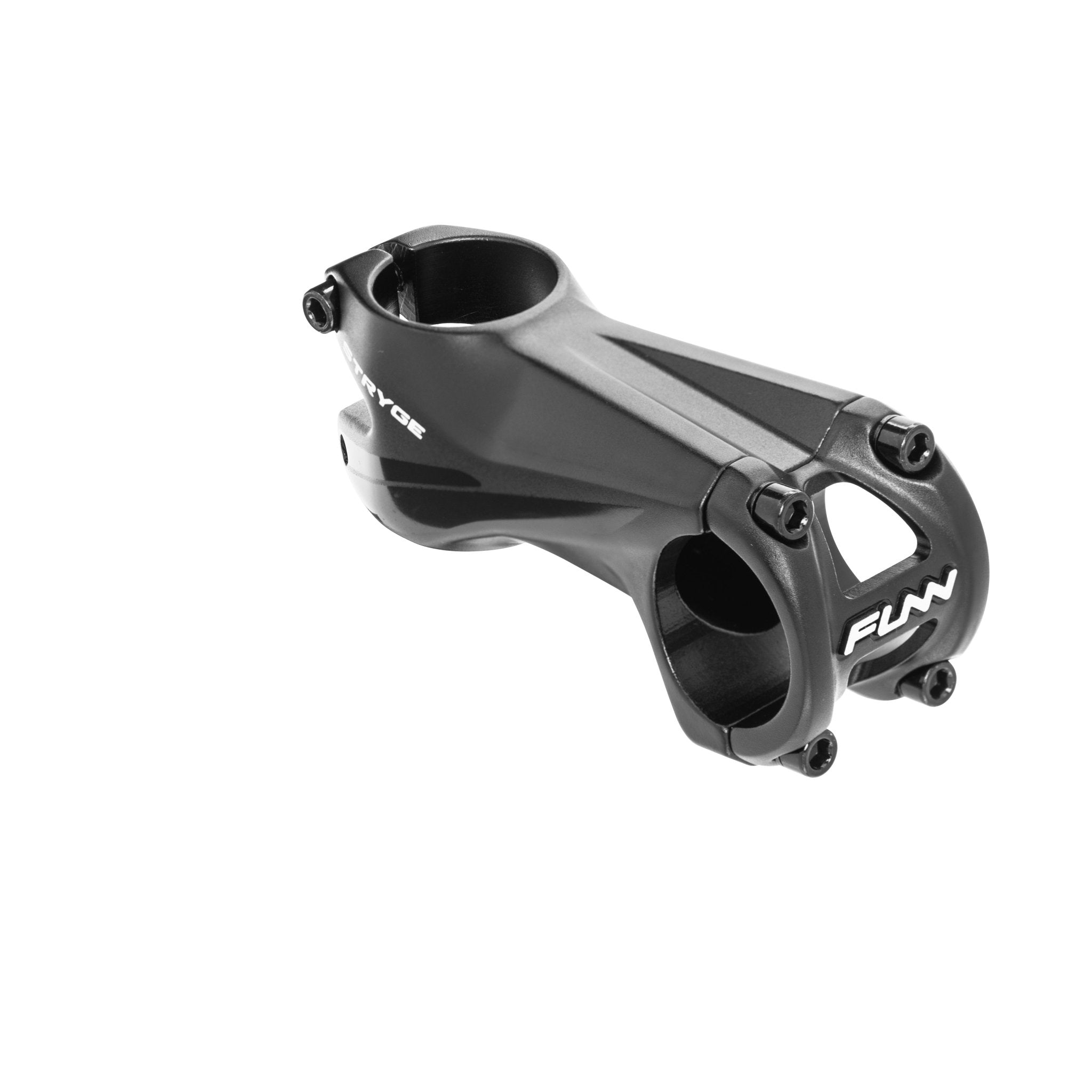 Black FUNN Stryge Drop Stem 75mm with aerodynamic shape, lightweight alloy bike stem for secure handlebar mounting