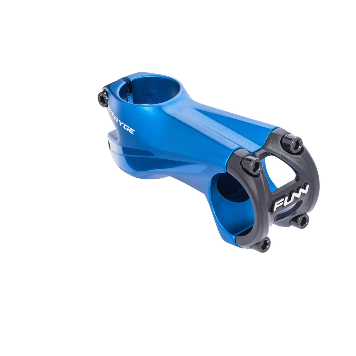 FUNN Stryge Drop Stem 75mm in blue alloy, sleek aerodynamic shape with black faceplate for secure MTB handlebar mounting