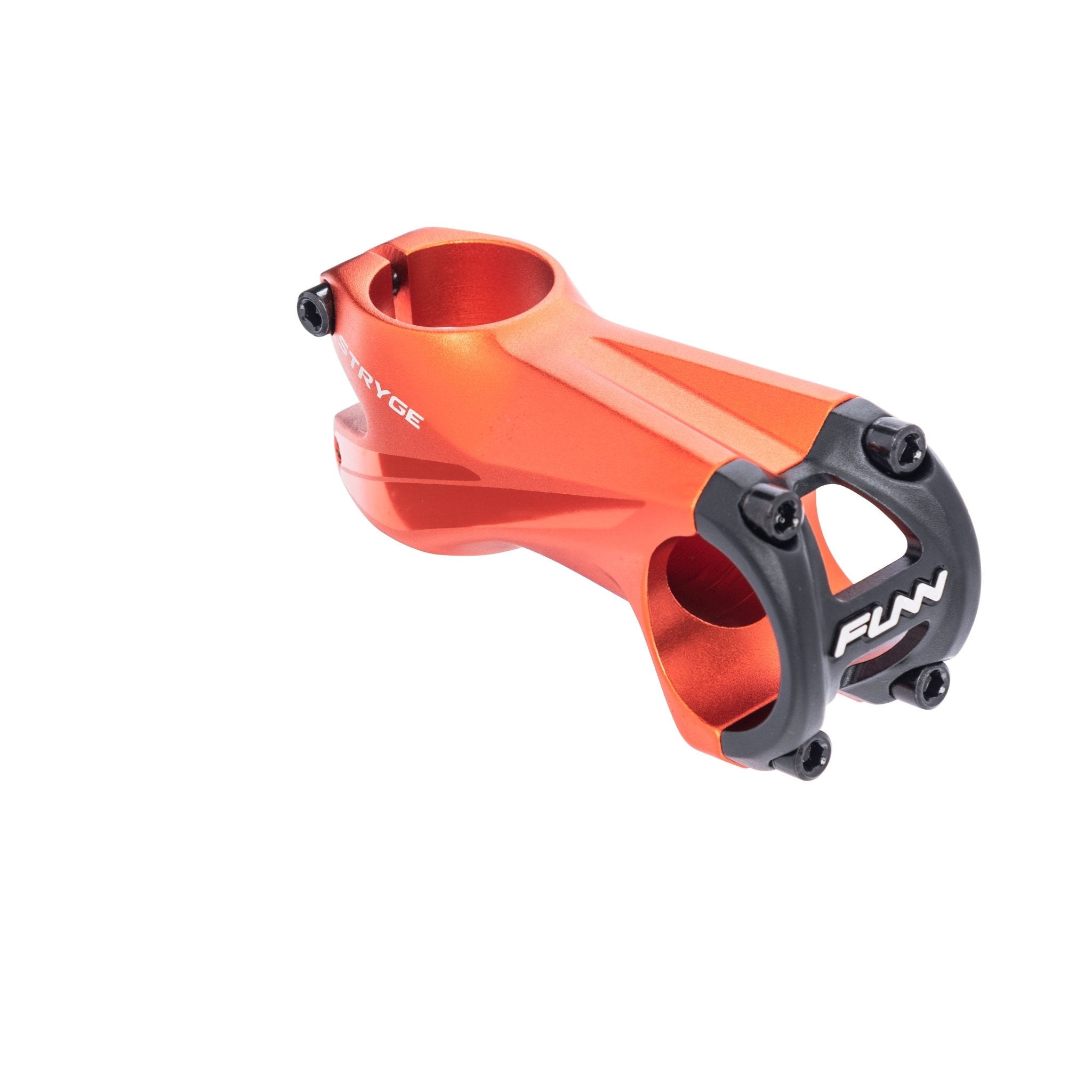 FUNN Stryge Drop Stem 75mm in orange alloy, sleek aerodynamic shape with black faceplate for MTB handlebar control