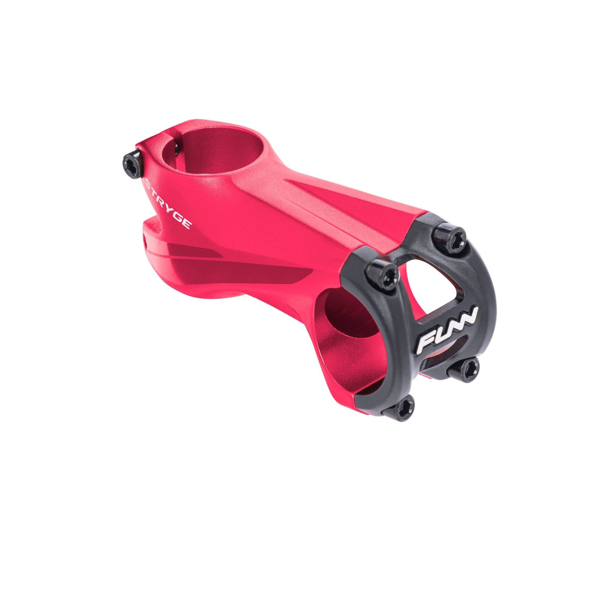 FUNN Stryge Drop Stem 75mm in red alloy, aerodynamic shape MTB handlebar stem with black faceplate and four bolts