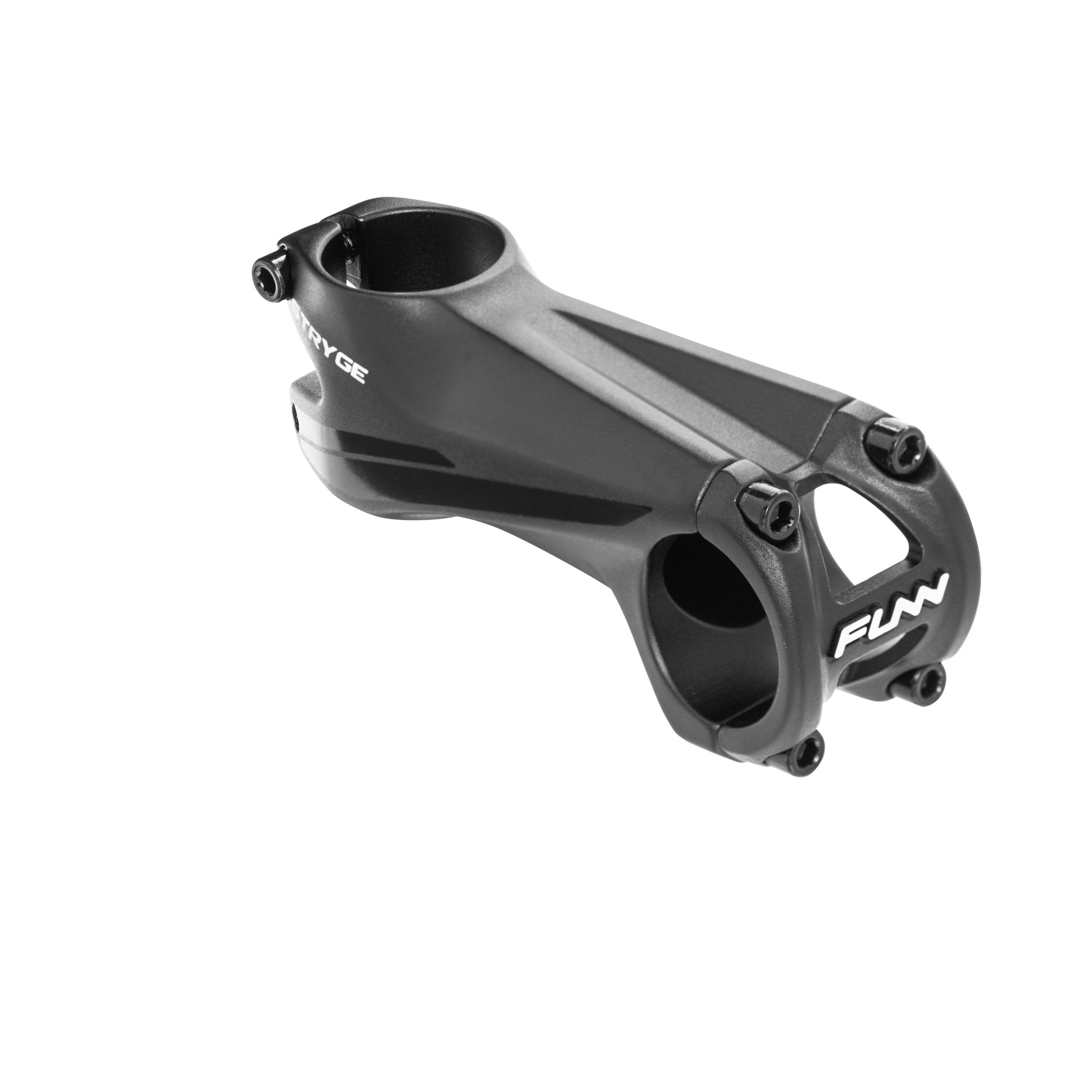 Black FUNN Stryge Drop Stem 85mm with aerodynamic shape, lightweight alloy bike stem for sleek, low handlebar positioning