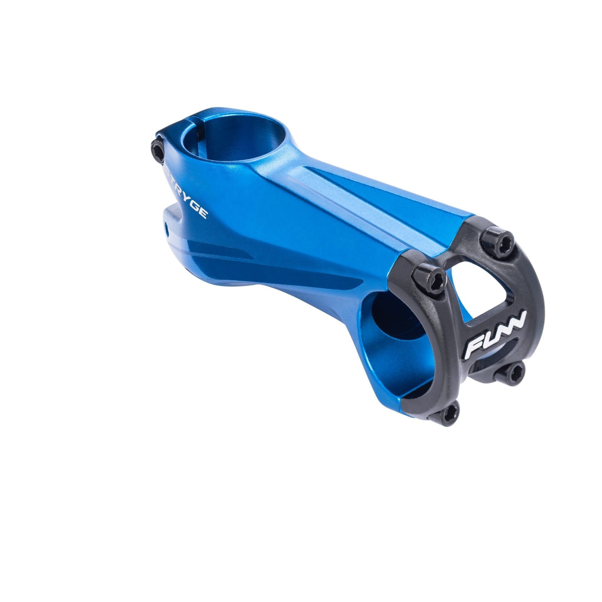 FUNN Stryge Drop Stem 85mm in blue alloy, aerodynamic shape bike stem with black faceplate and four bolt clamp