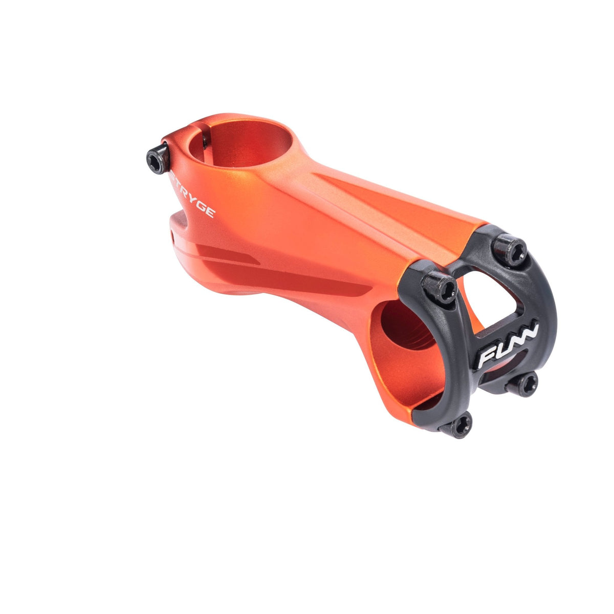 FUNN Stryge Drop Stem 85mm in orange alloy, aerodynamic shape with black faceplate for performance mountain bike handlebars