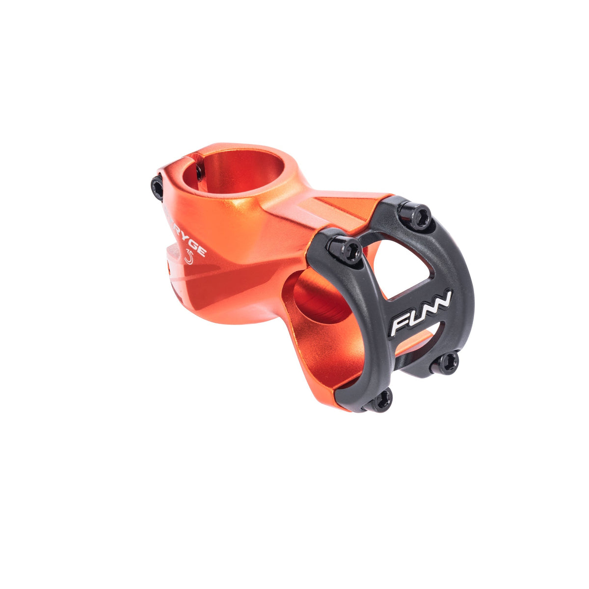 FUNN Stryge Drop Stem, 35mm clamp, 55mm length, orange alloy body with black faceplate and aerodynamic shape for MTB handlebars