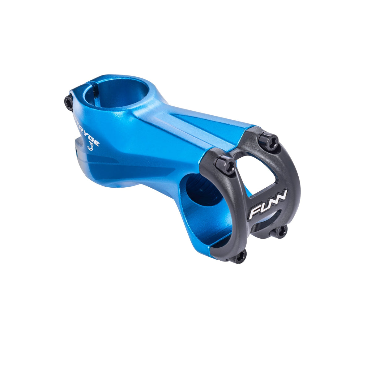 FUNN Stryge Drop Stem, blue alloy 35mm clamp, 75mm length, aerodynamic shape with black faceplate for MTB handlebars