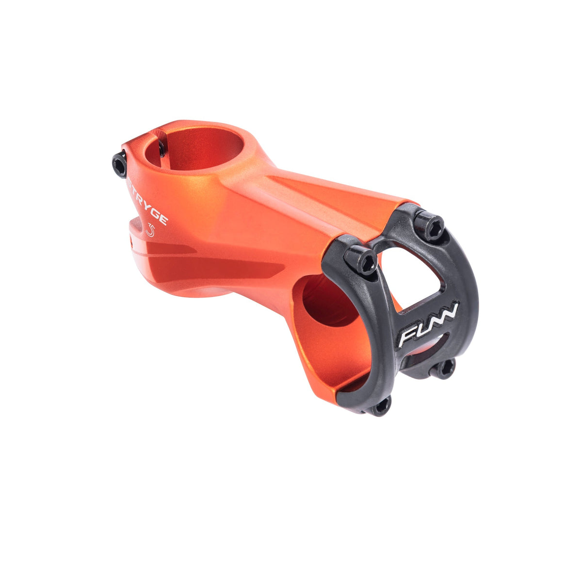 FUNN Stryge Drop Stem, 35mm clamp, 75mm length, orange alloy with black faceplate and aerodynamic shape for MTB handlebars