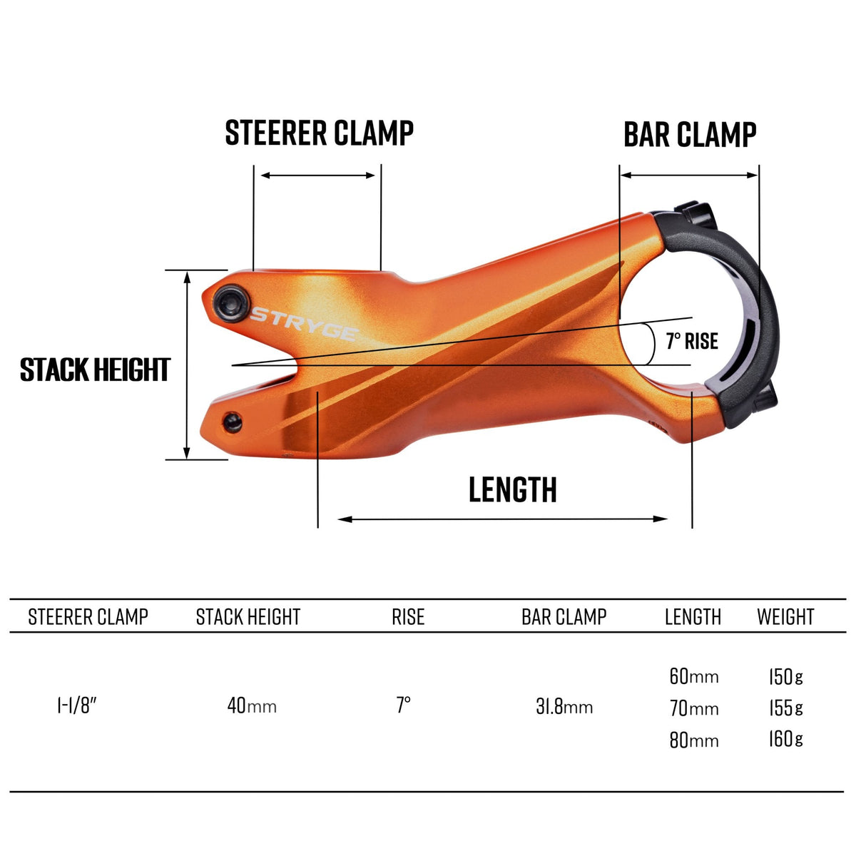 Orange FUNN Stryge Riser Stem, alloy bike stem with 7° rise, bar and steerer clamp measurements and length specs highlighted