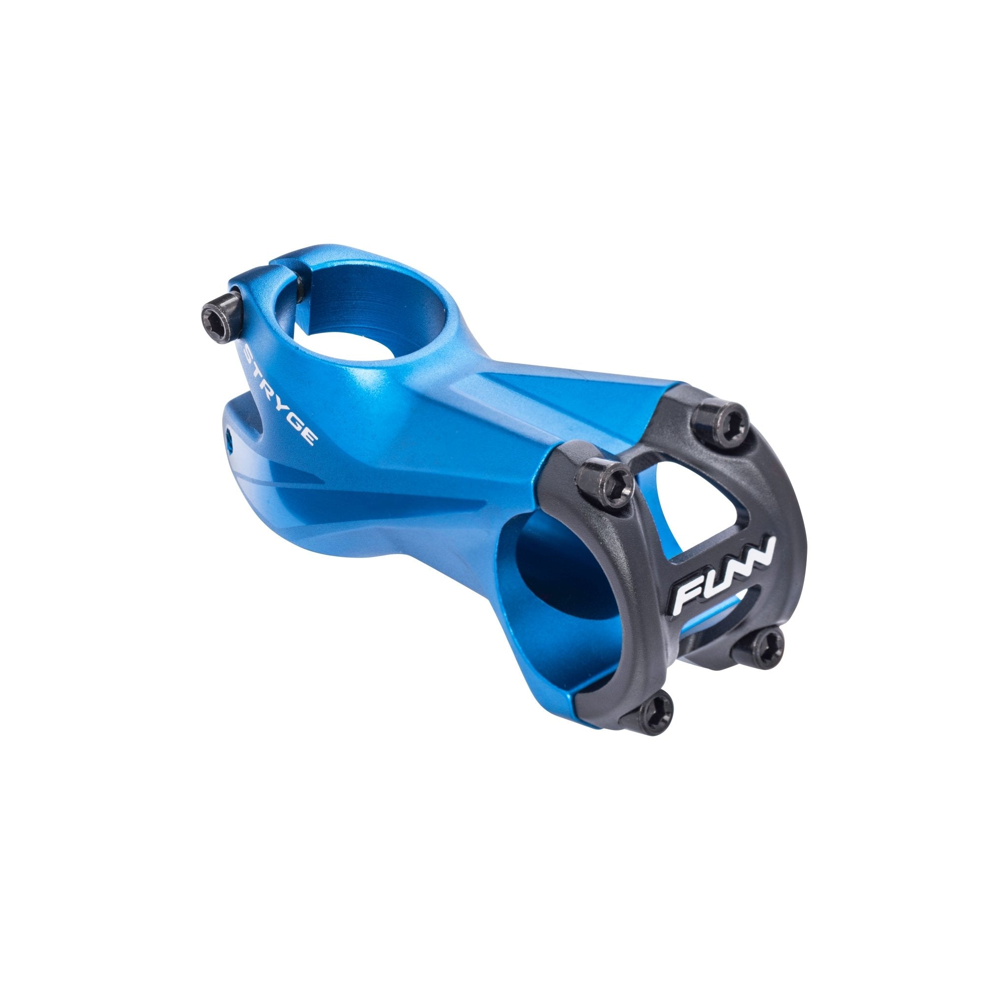 FUNN Stryge Riser Stem 70mm, blue alloy bike handlebar stem with black faceplate and bolts for mountain bike control