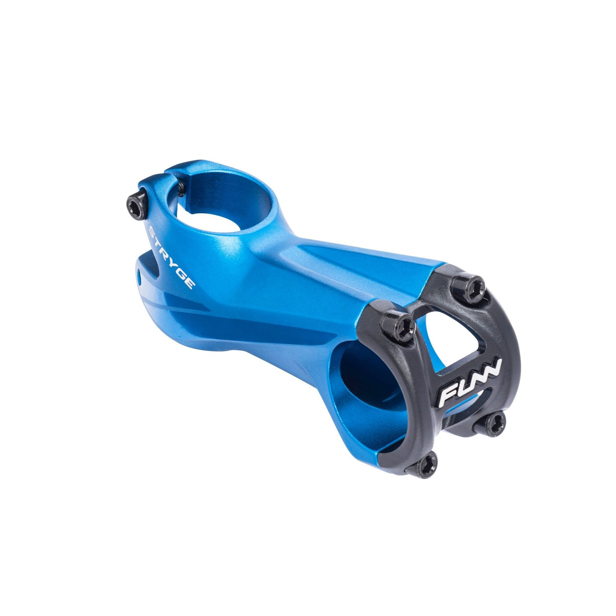 FUNN Stryge Riser 80mm blue alloy bike stem with black faceplate, lightweight handlebar mount for mountain and trail riding