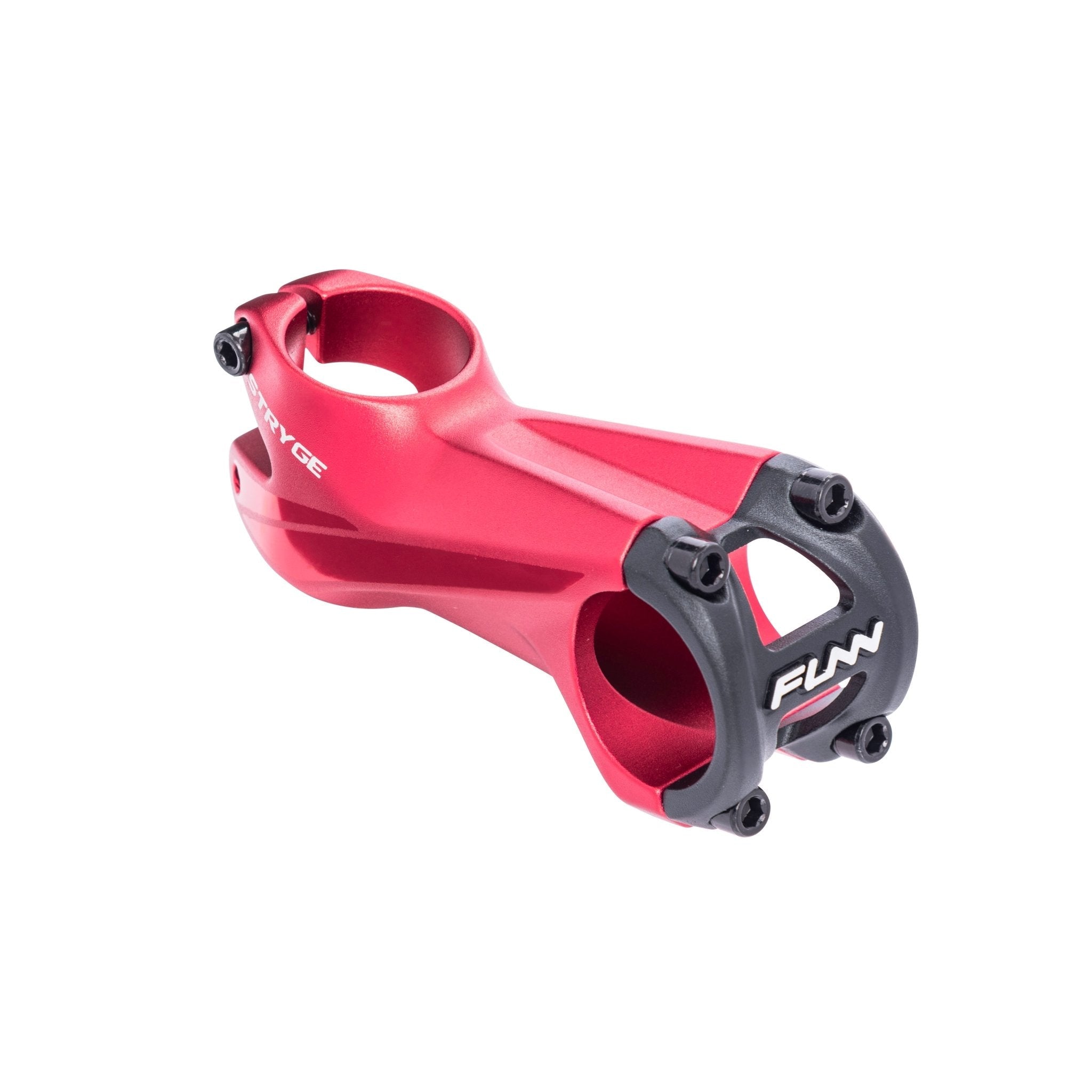 Red FUNN Tryge Riser Stem 80mm, lightweight alloy mountain bike handlebar stem with black faceplate and four-bolt clamp