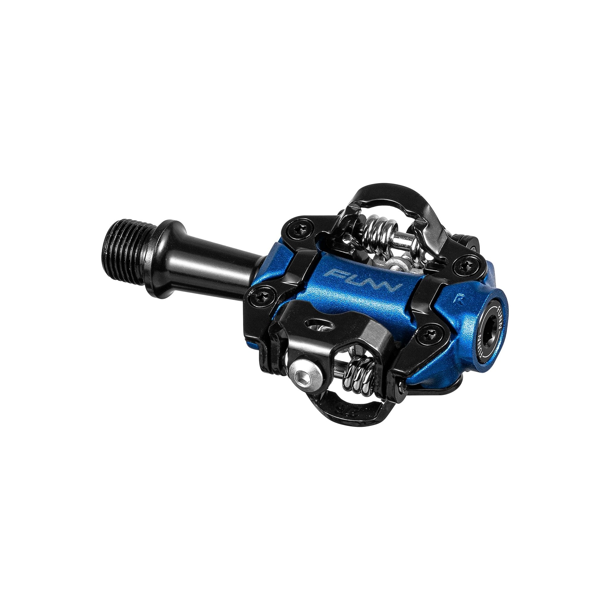 FUNN Tactic clip-in pedal in blue and black alloy, compact dual-sided design with steel springs for secure MTB shoe engagement