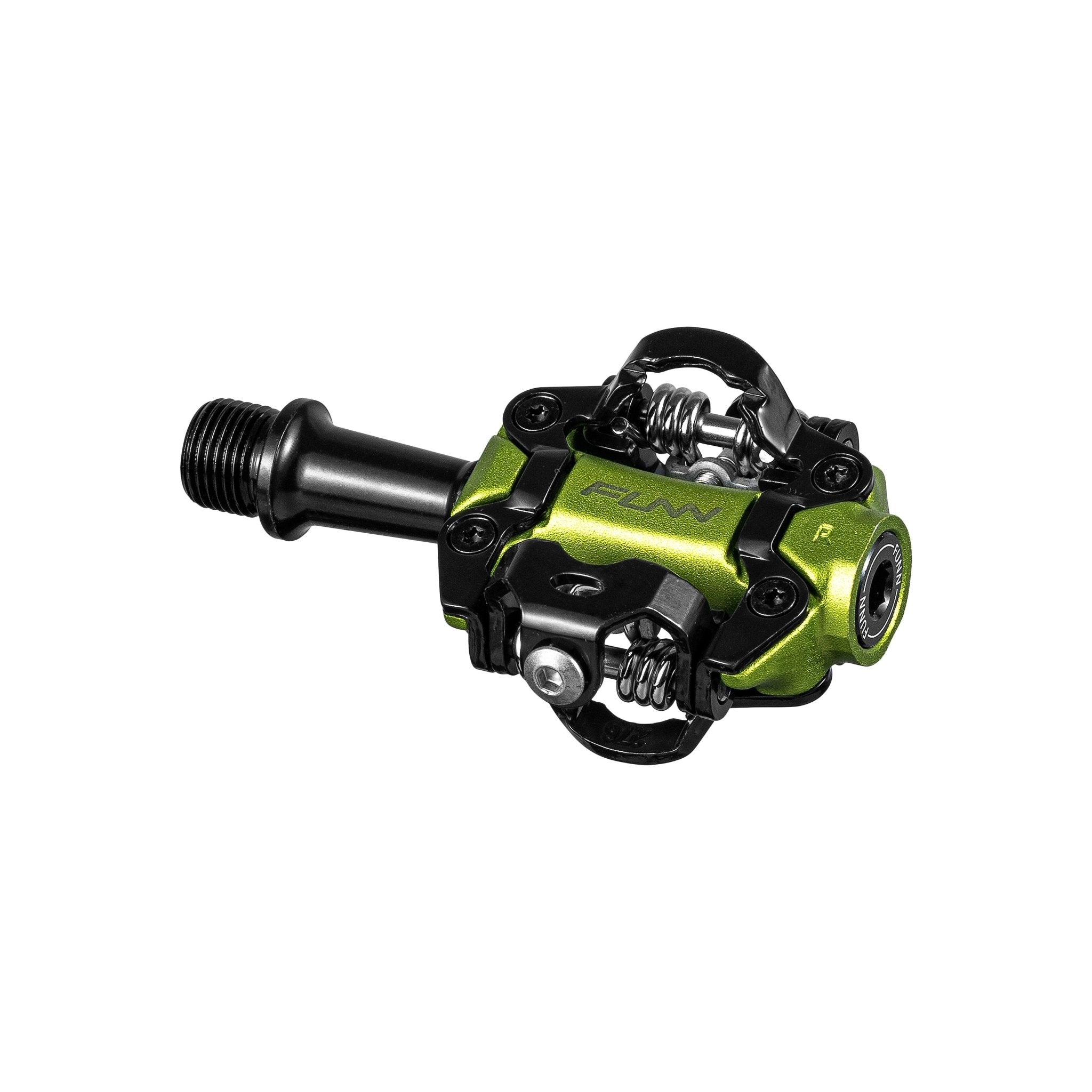 FUNN Tactic Clip-In pedal in green alloy with black steel body and springs, compact clipless MTB bike pedal design