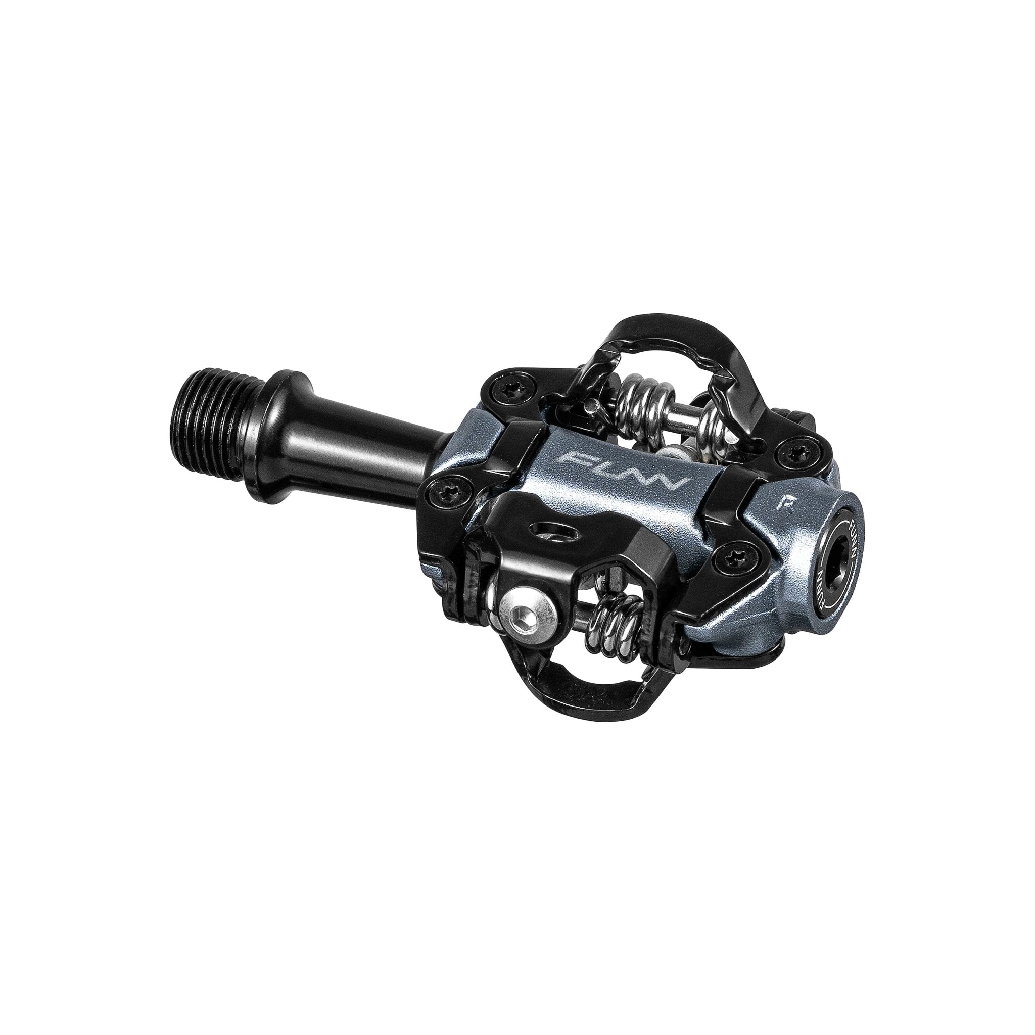 FUNN Tactic Clip-In pedal, black and grey alloy body with steel springs, compact dual-sided MTB clipless bike pedal