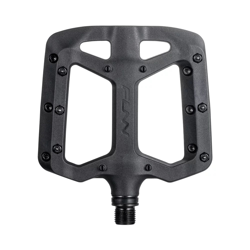 FUNN flat MTB pedal in matte black composite with wide platform, metal traction pins and durable axle for trail riding