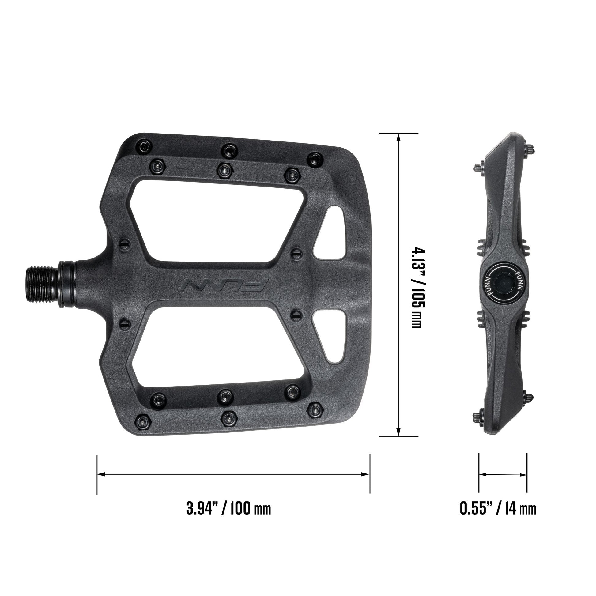 Funn mountain bike components - Taipan Flat Pedals Black in a white background.