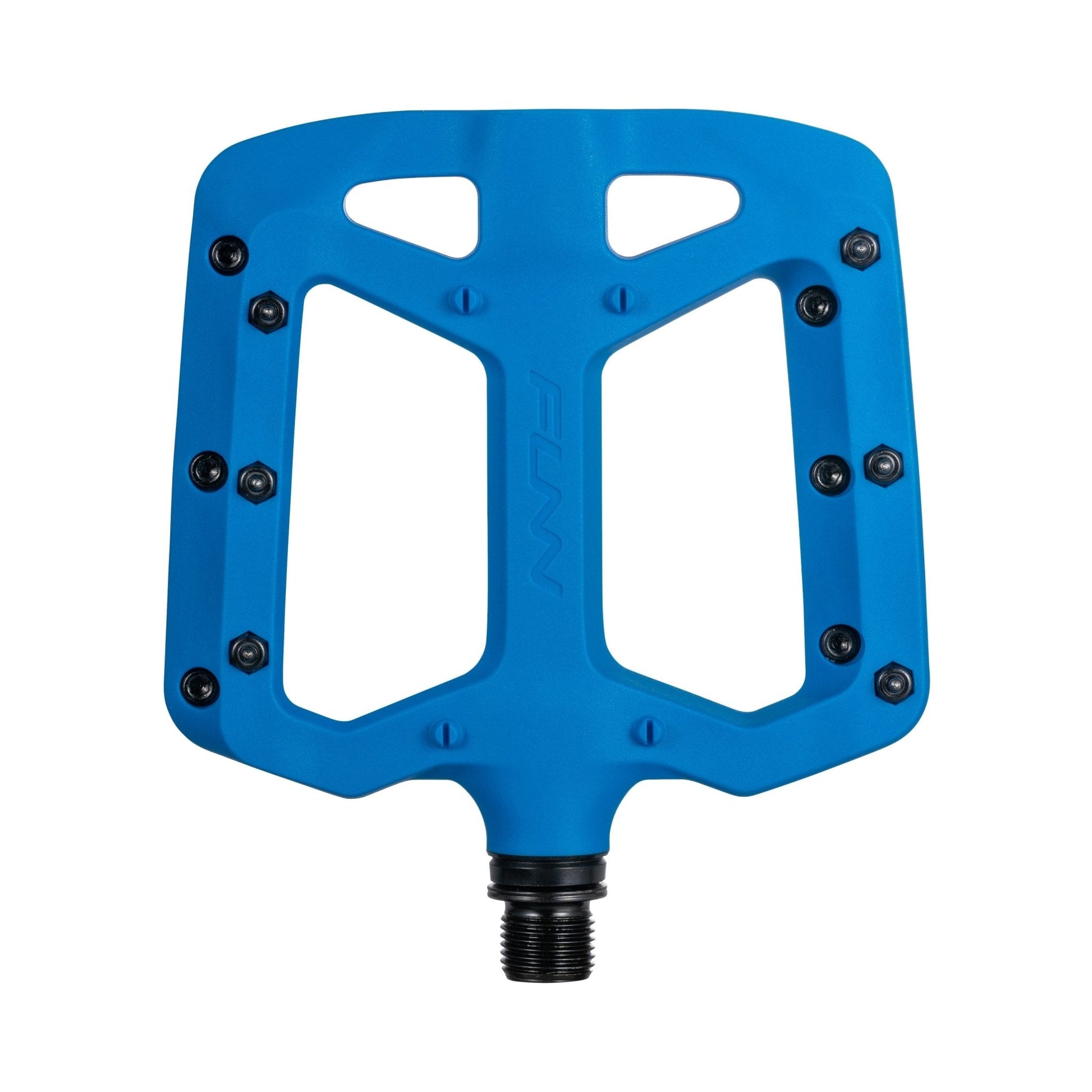 Funn mountain bike components - Taipan Flat Pedals Blue in a white background.