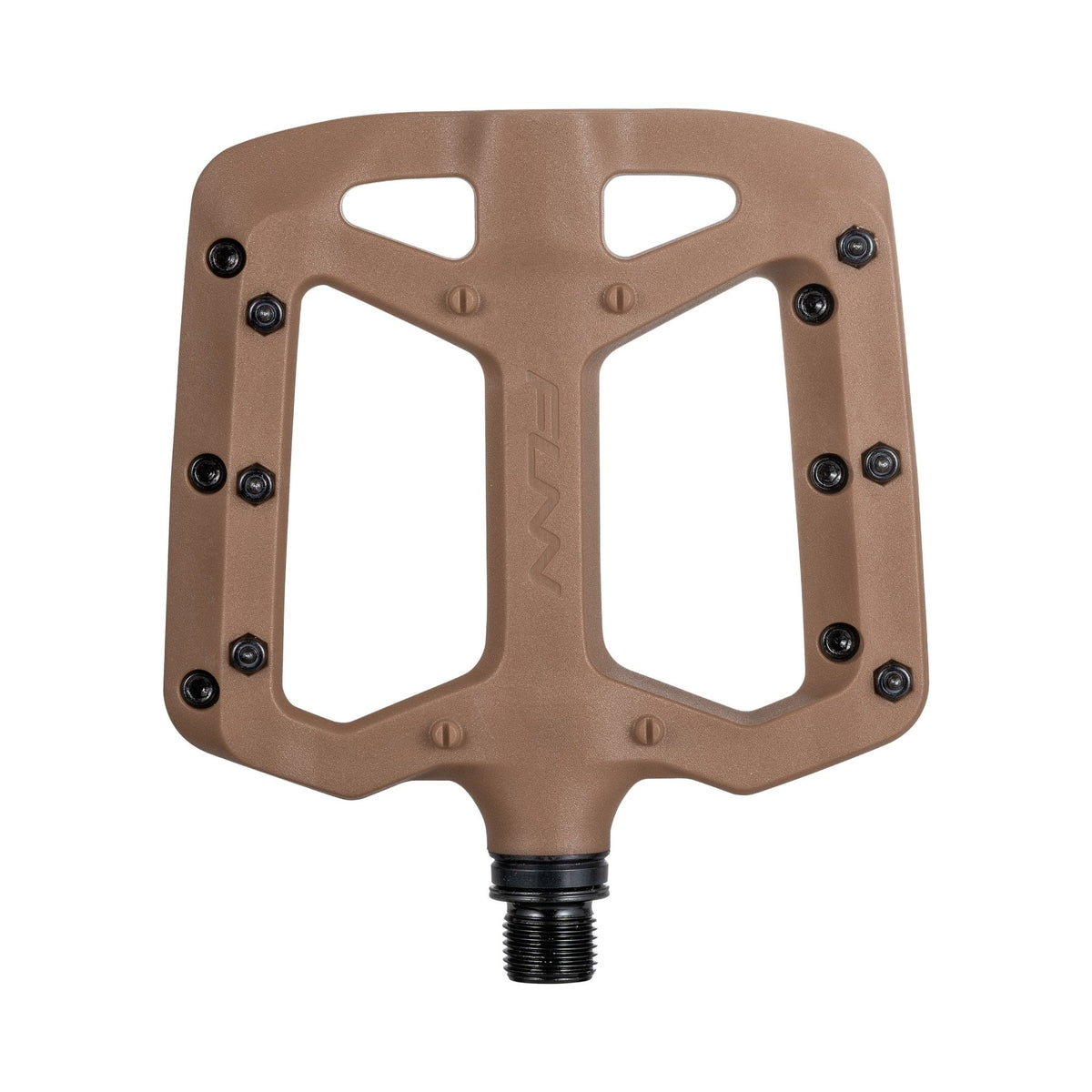 Brown FUNN Taipan Flat Pedals composite body with wide platform and metal traction pins for mountain bike grip