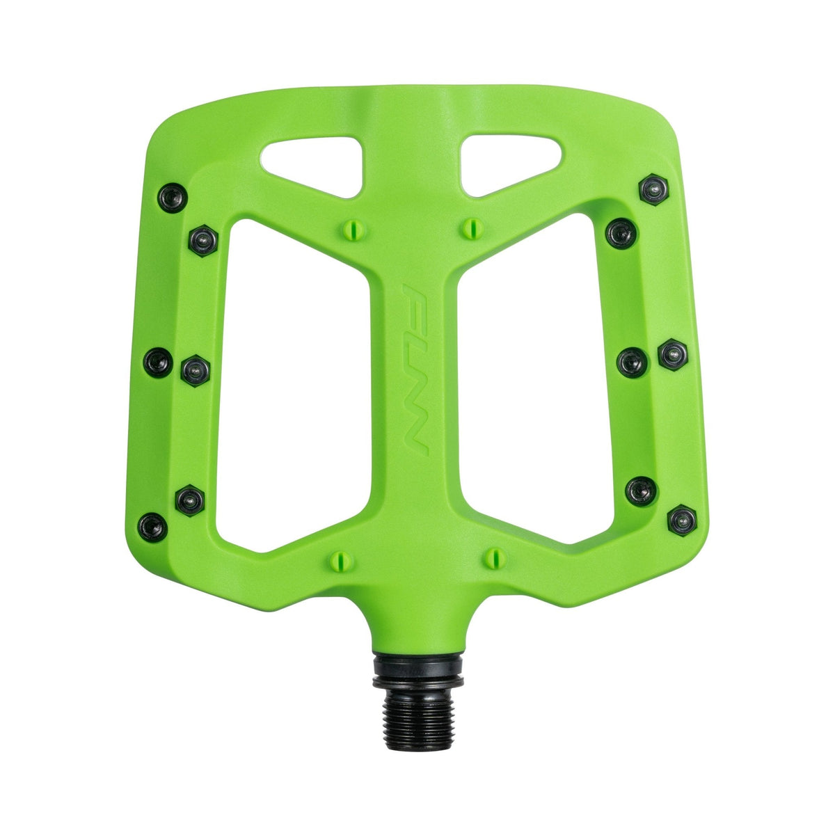 Bright green FUNN Taipan Flat Pedals, lightweight composite body with metal pins and wide platform for mountain biking traction