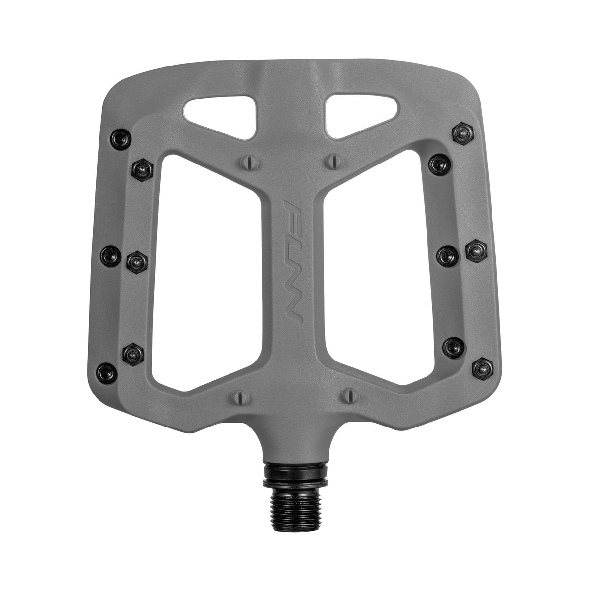 Grey FUNN Taipan Flat Pedals composite body with wide platform, metal pins and black spindle for secure MTB cycling grip