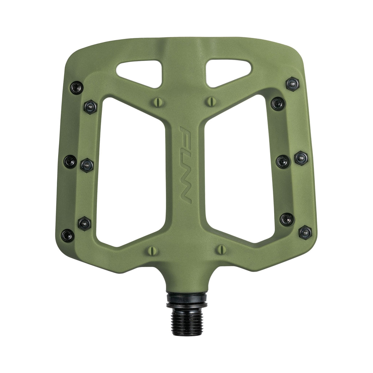 FUNN Taipan Flat Pedals in matte green composite with wide platform, metal pins, and black spindle for mountain bikes