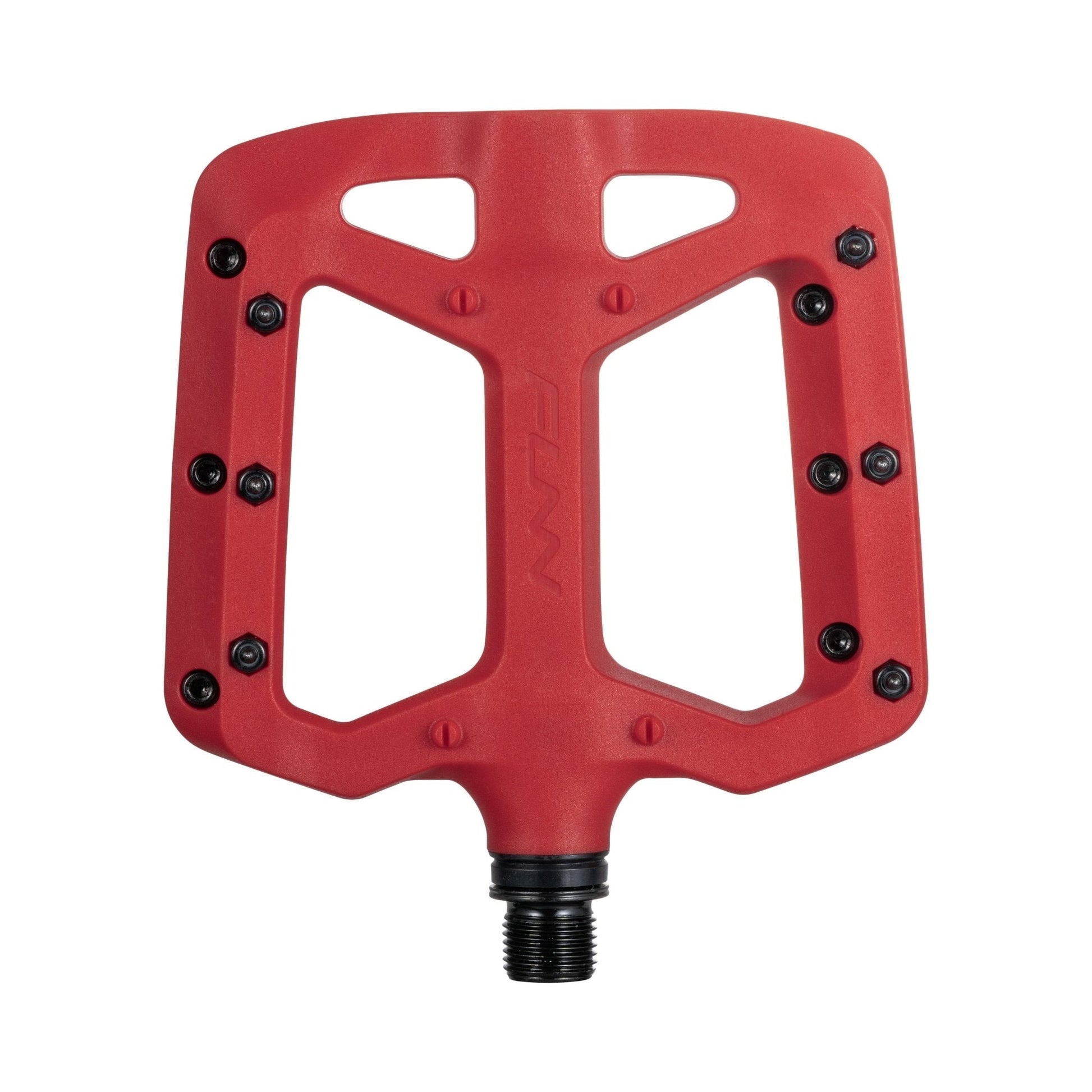 Funn mountain bike components - Taipan Flat Pedals Red in a white background.