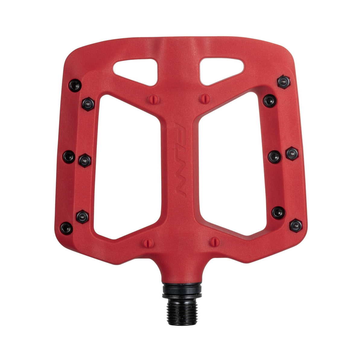Red FUNN Taipan Flat Pedals composite platform with metal traction pins and black spindle for mountain bikes