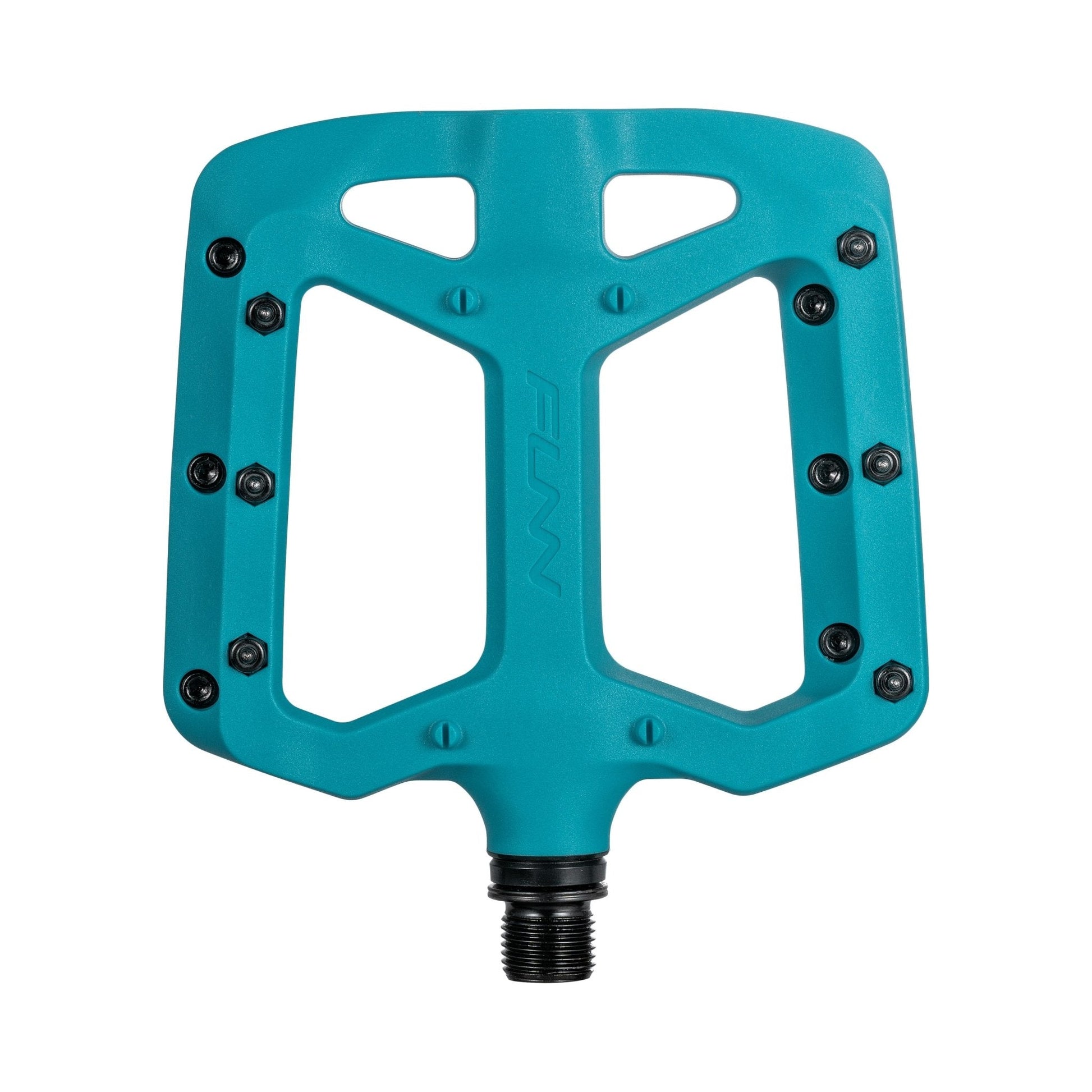 Funn mountain bike components - Taipan Flat Pedals Turquoise in a white background.