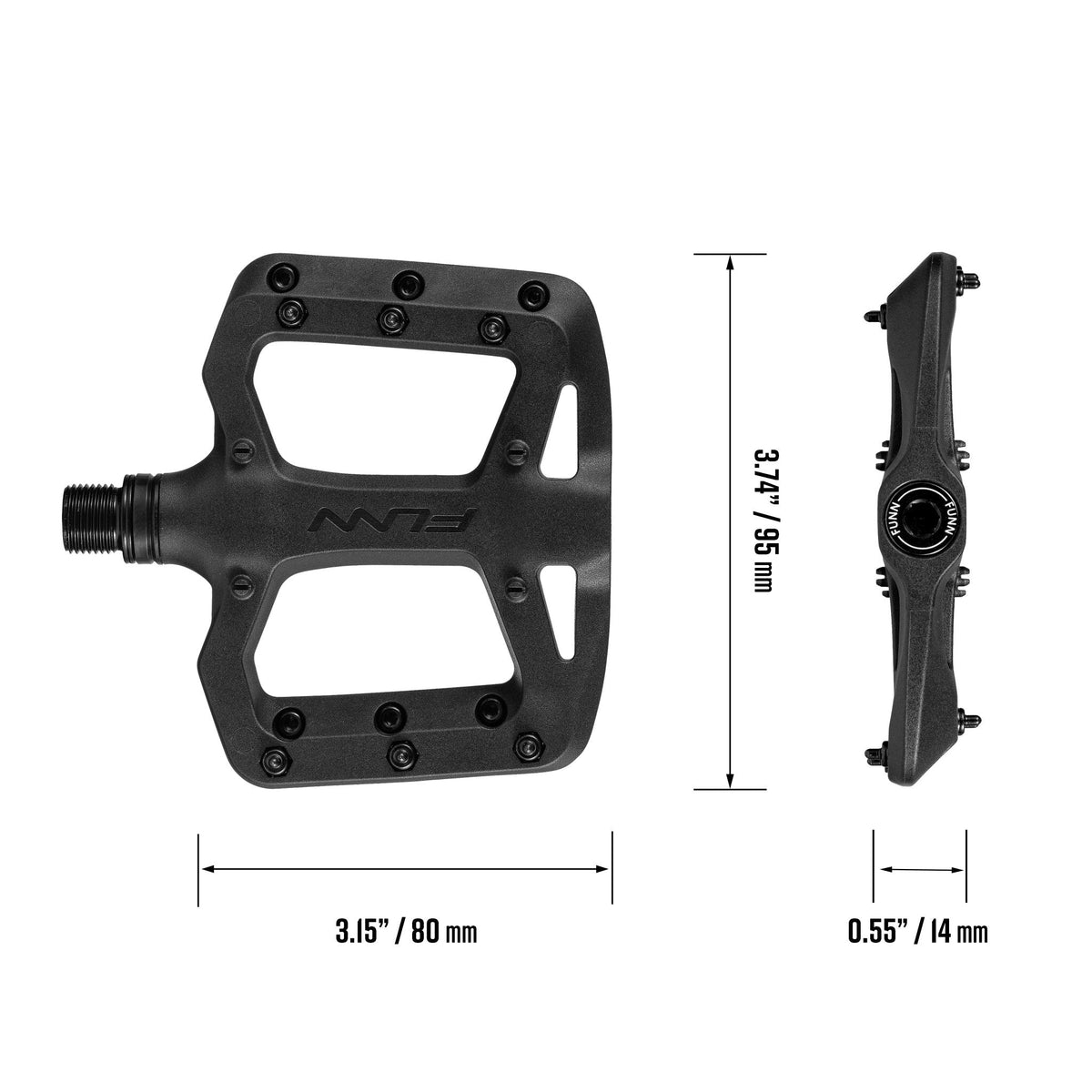 FUNN Taipan S Flat Pedals, black composite, concave smaller platform for groms with metal pins and dimensions shown