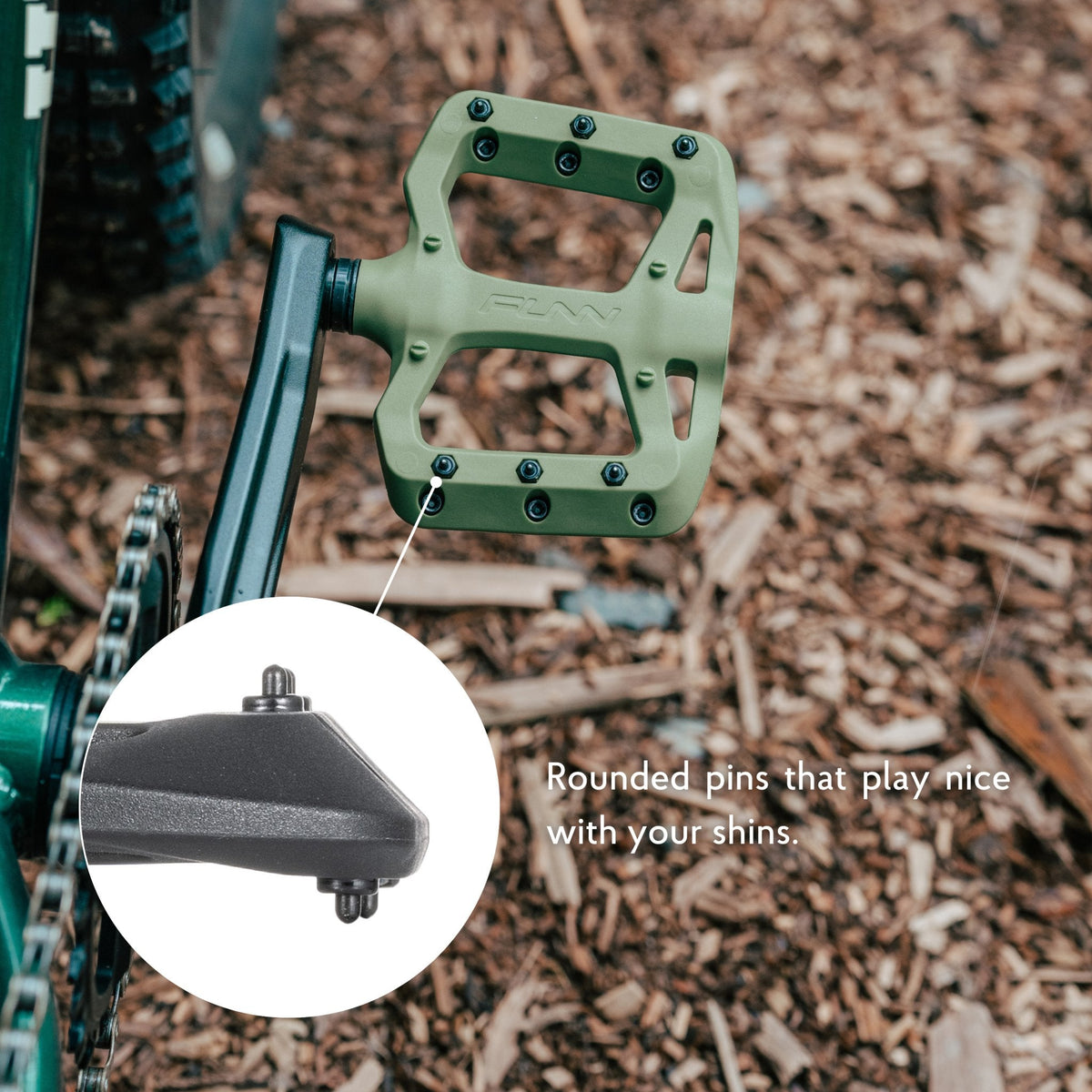 FUNN Taipan S composite flat pedals, green chamfered smaller platform for groms with rounded traction pins on MTB crank