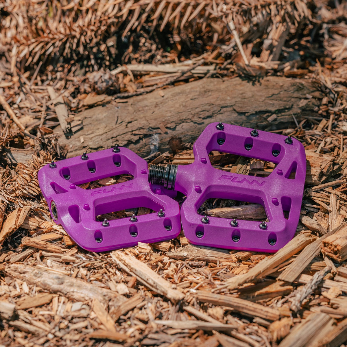Purple FUNN Taipan S Flat Pedals, composite body with pins, smaller platform MTB pedals ideal for groms on trail.