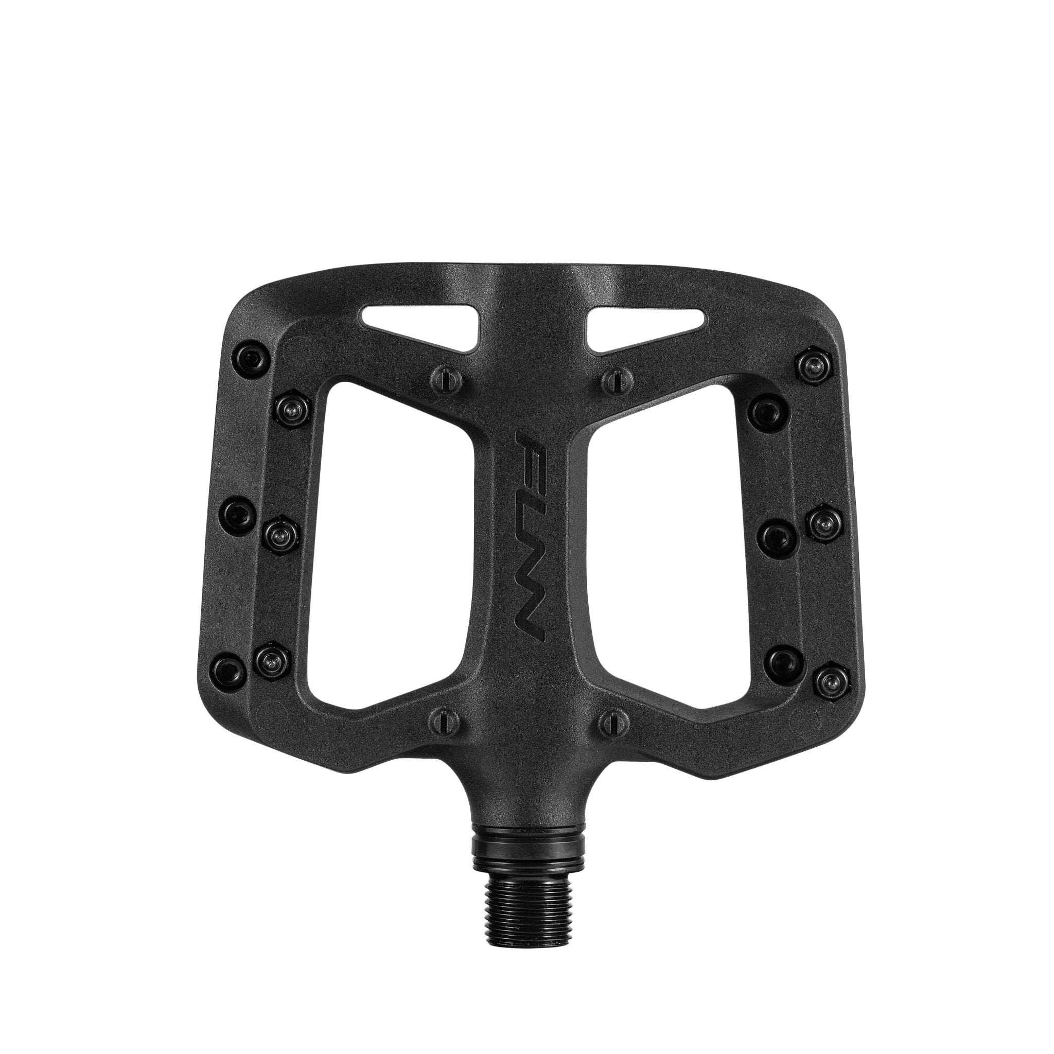 Funn mountain bike components - Taipan S Flat Pedals Black in a white background.