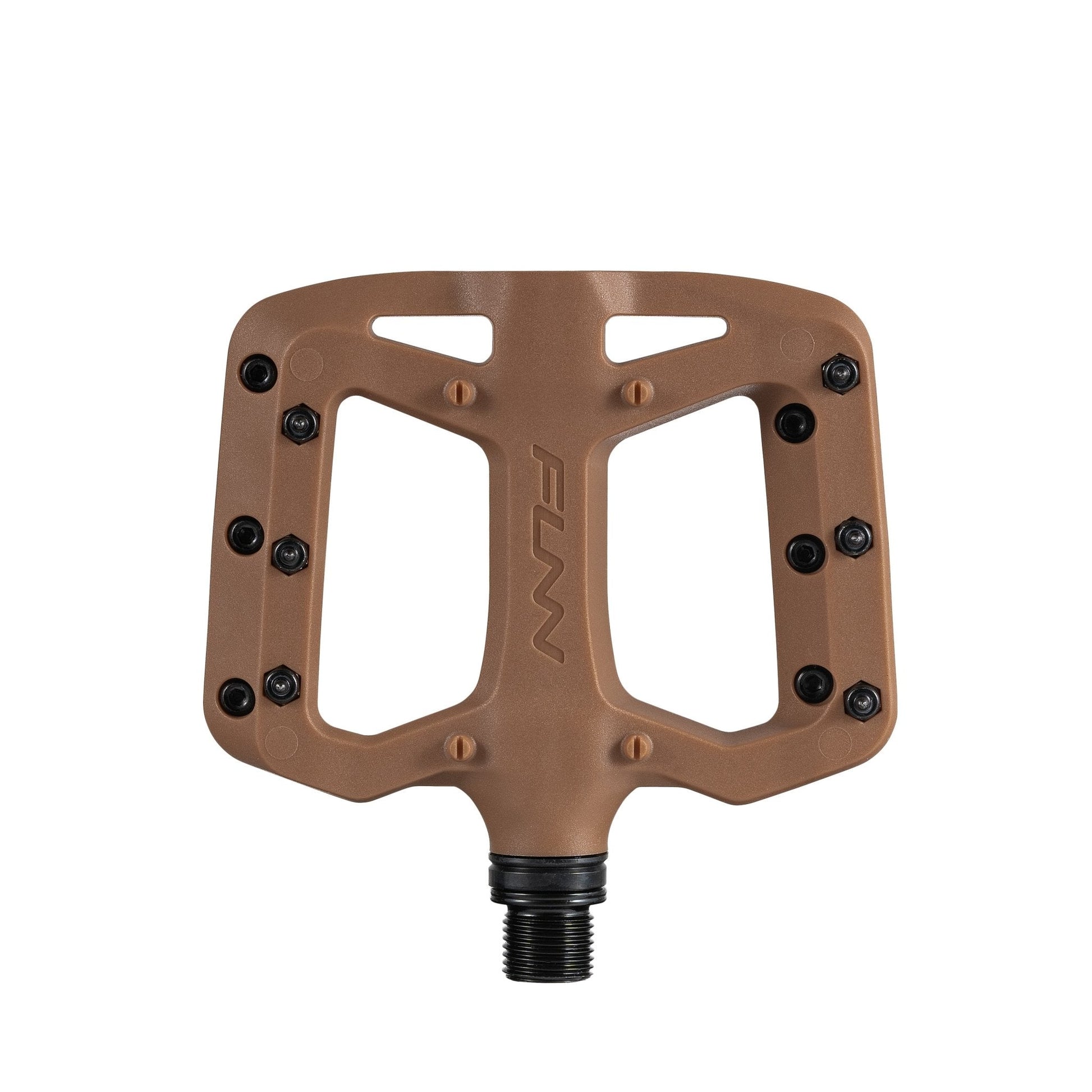 Funn mountain bike components - Taipan S Flat Pedals Brown in a white background.