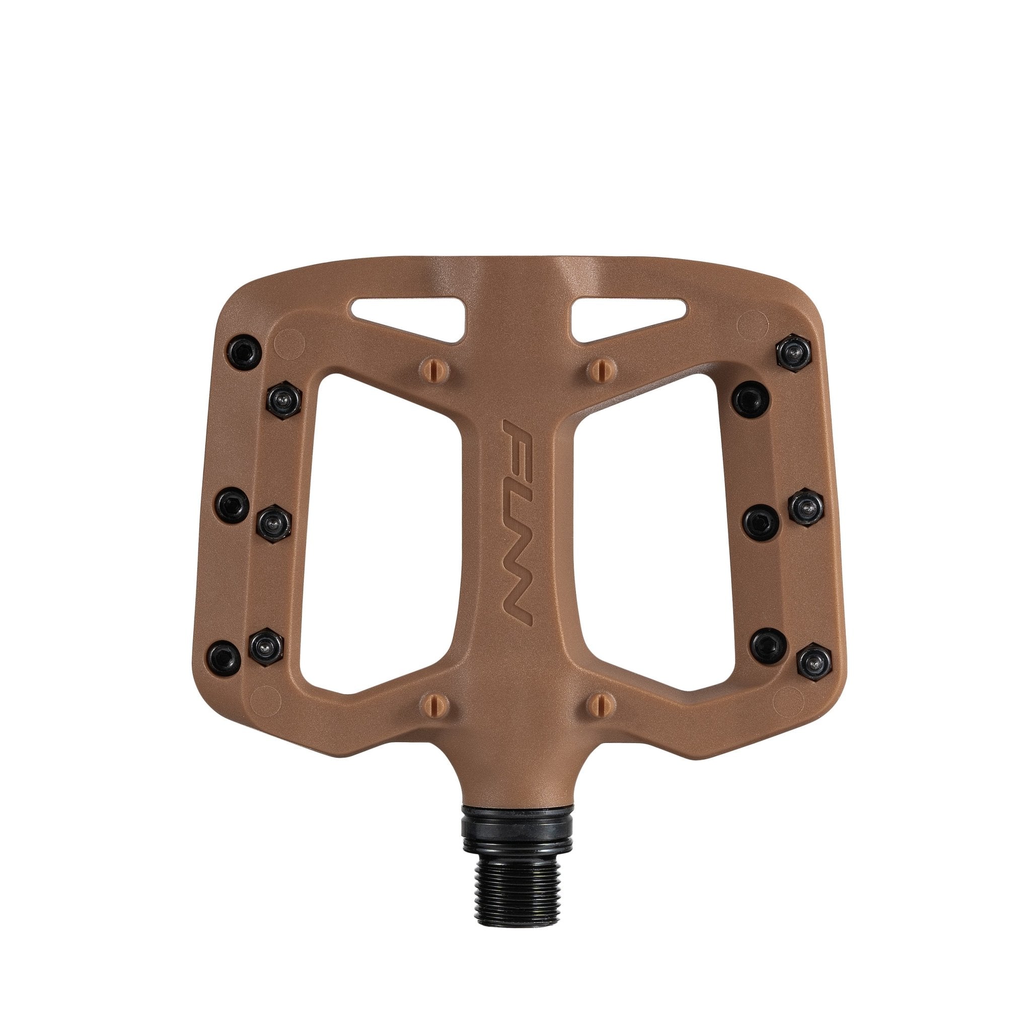 Brown FUNN Taipan S Flat Pedals composite body with wide platform and metal pins for secure mountain bike grip