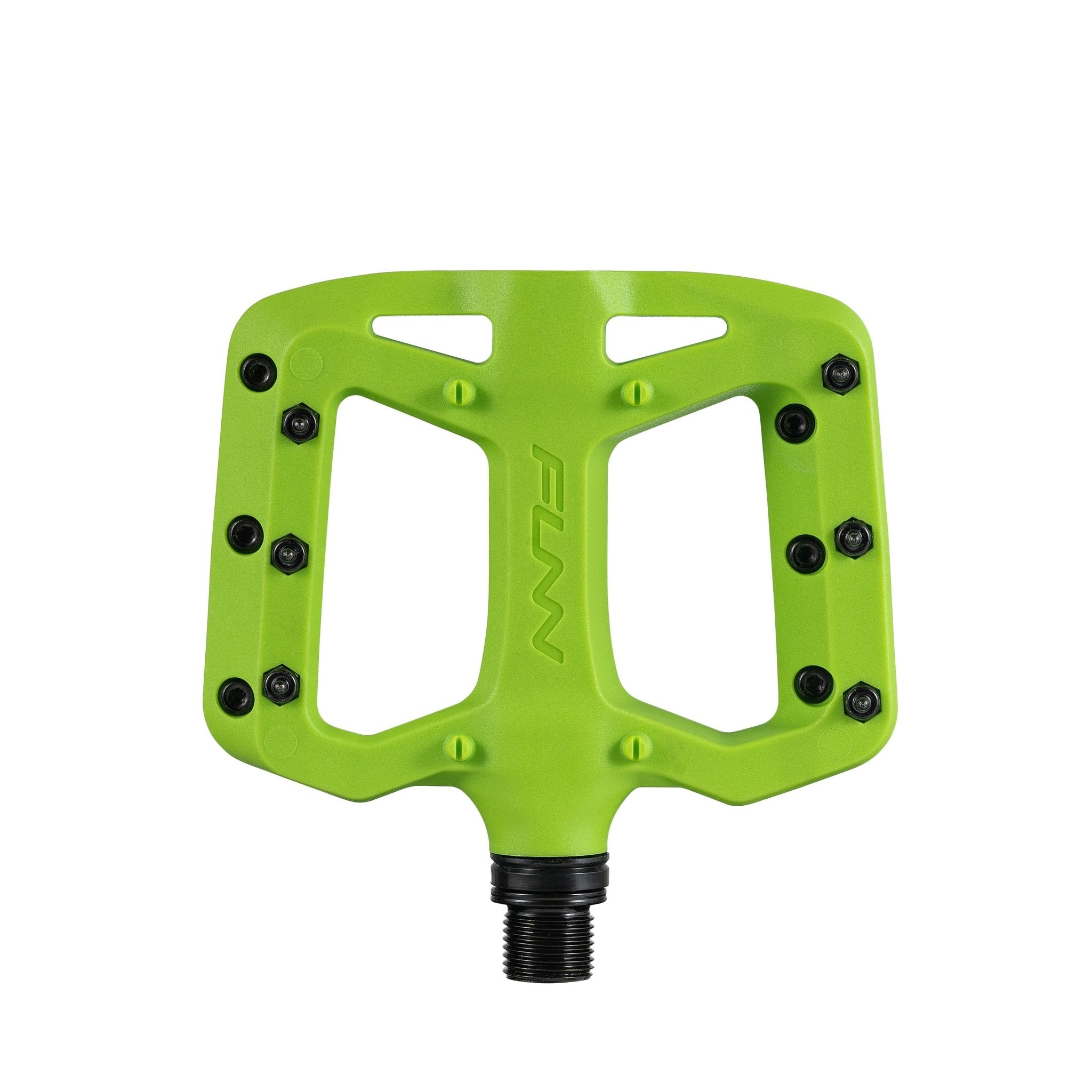 Lime green FUNN Taipan S Flat Pedals, lightweight composite body with metal pins for grippy mountain bike platform