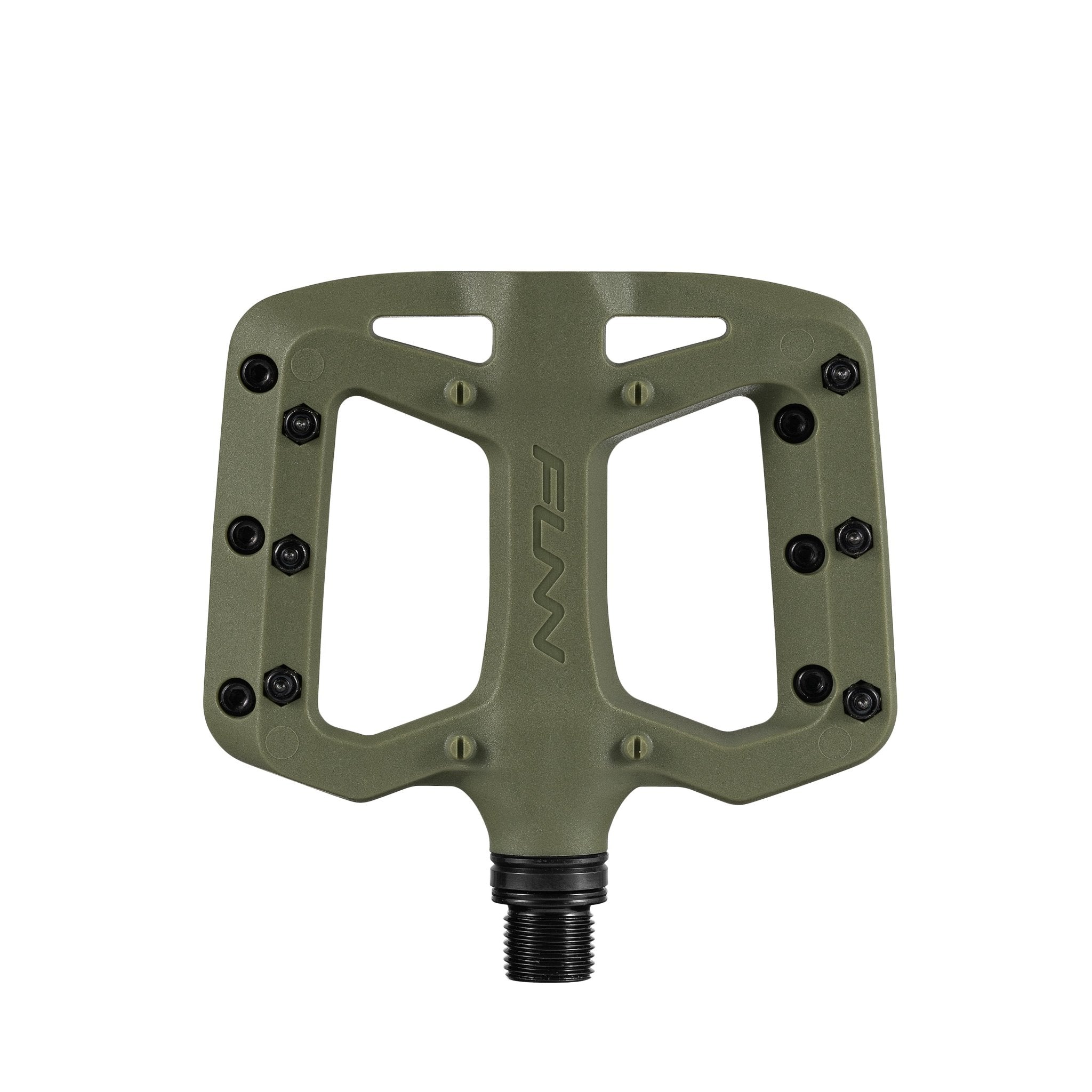 Olive green FUNN Taipan S Flat Pedals composite body with wide platform and metal pins for grippy mountain bike control