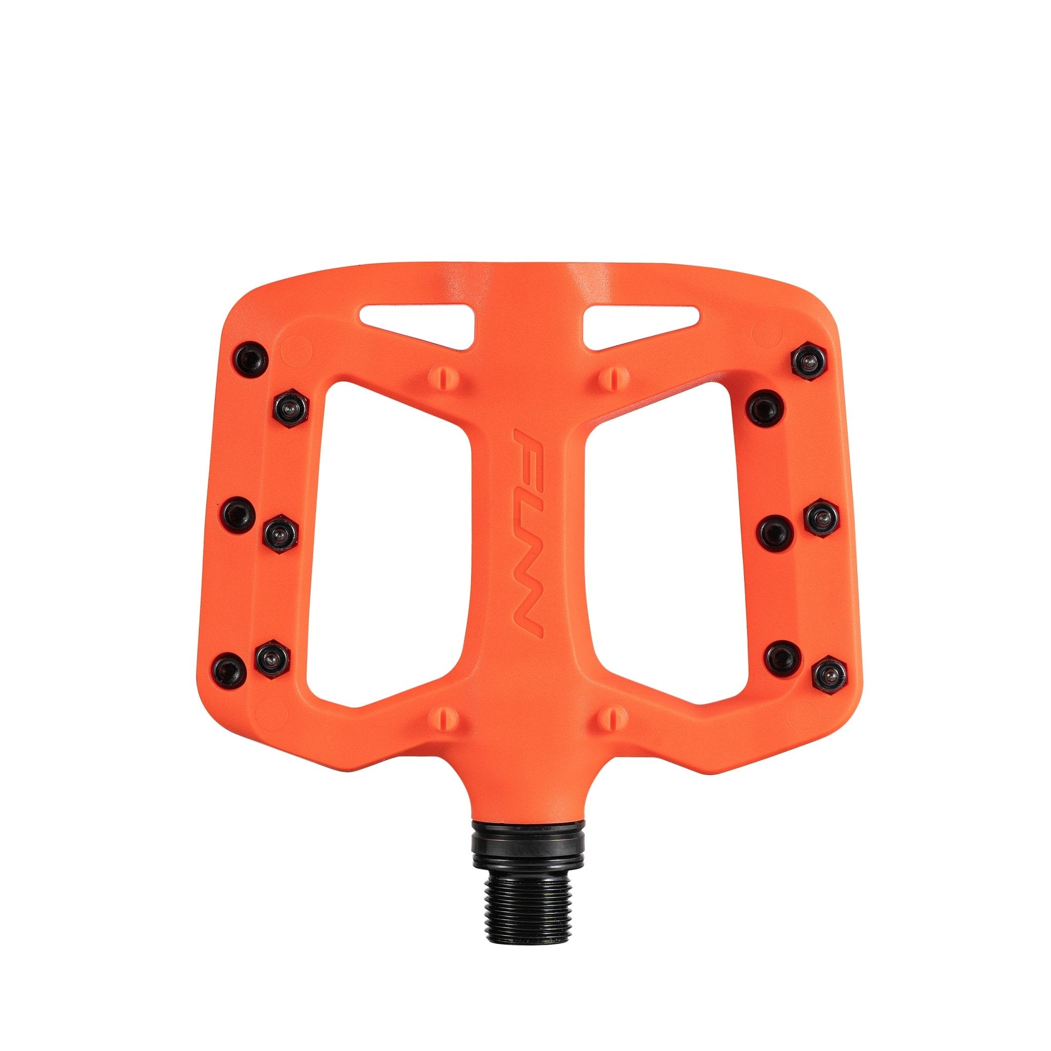 Bright orange FUNN Taipan S Flat Pedals in durable composite with wide platform and metal pins for secure mountain bike grip