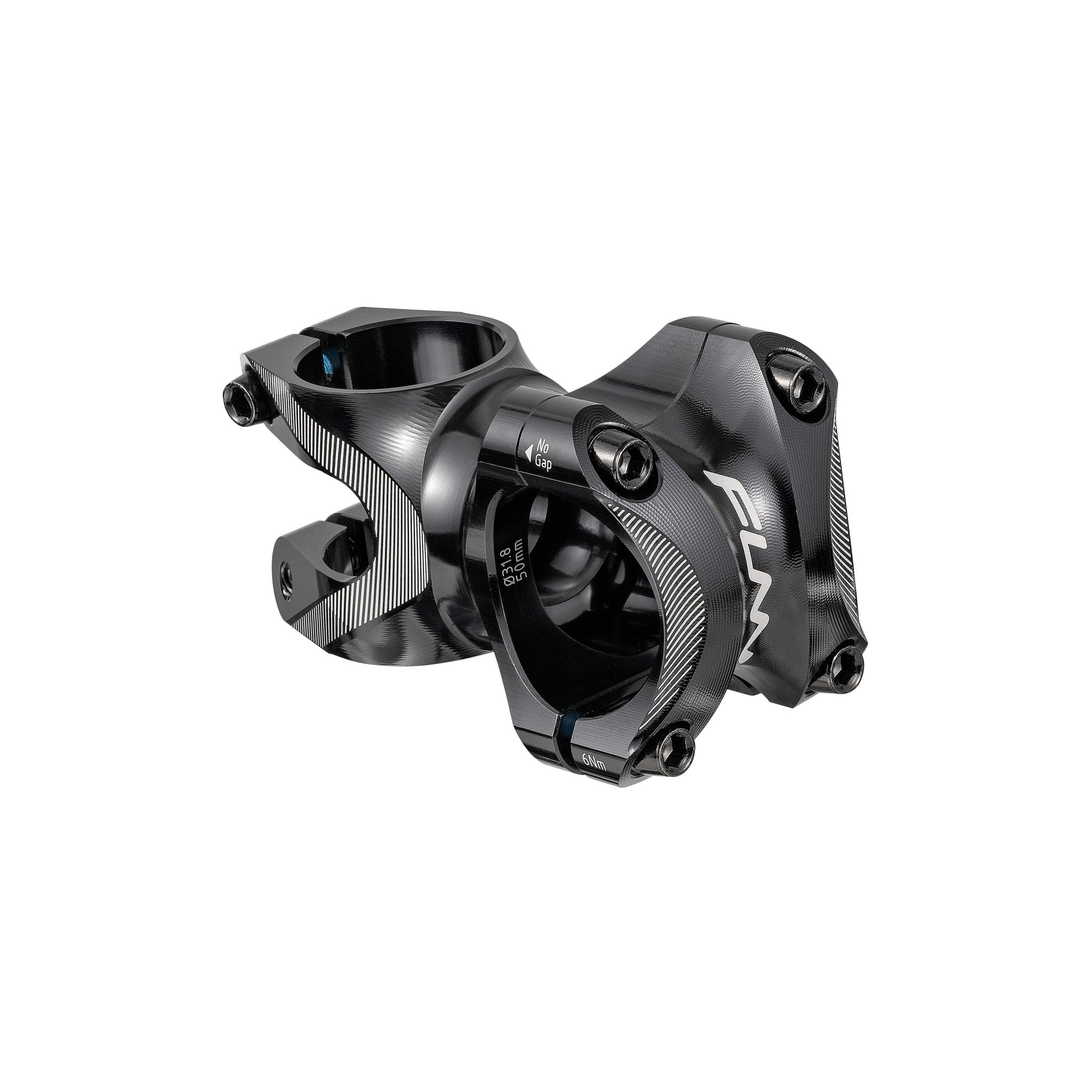 Black FUNN Tron Stem, CNC alloy mountain bike handlebar stem with striped texture, 31.8mm clamp, 50mm length and four-bolt faceplate
