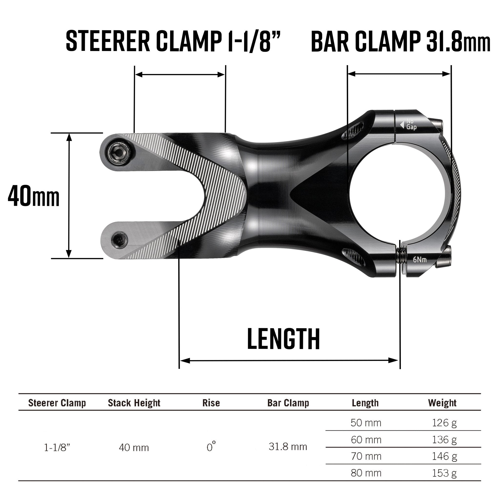FUNN Tron Stem CNC alloy bike stem, black-silver, 1-1/8 steerer, 31.8mm bar clamp with length, rise and weight chart shown