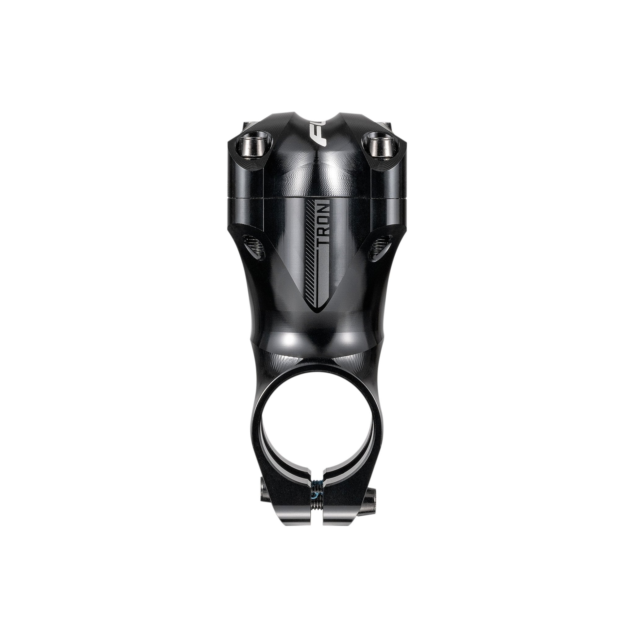 FUNN Tron Stem 50mm in black CNC alloy, sleek short mountain bike handlebar stem with four-bolt faceplate