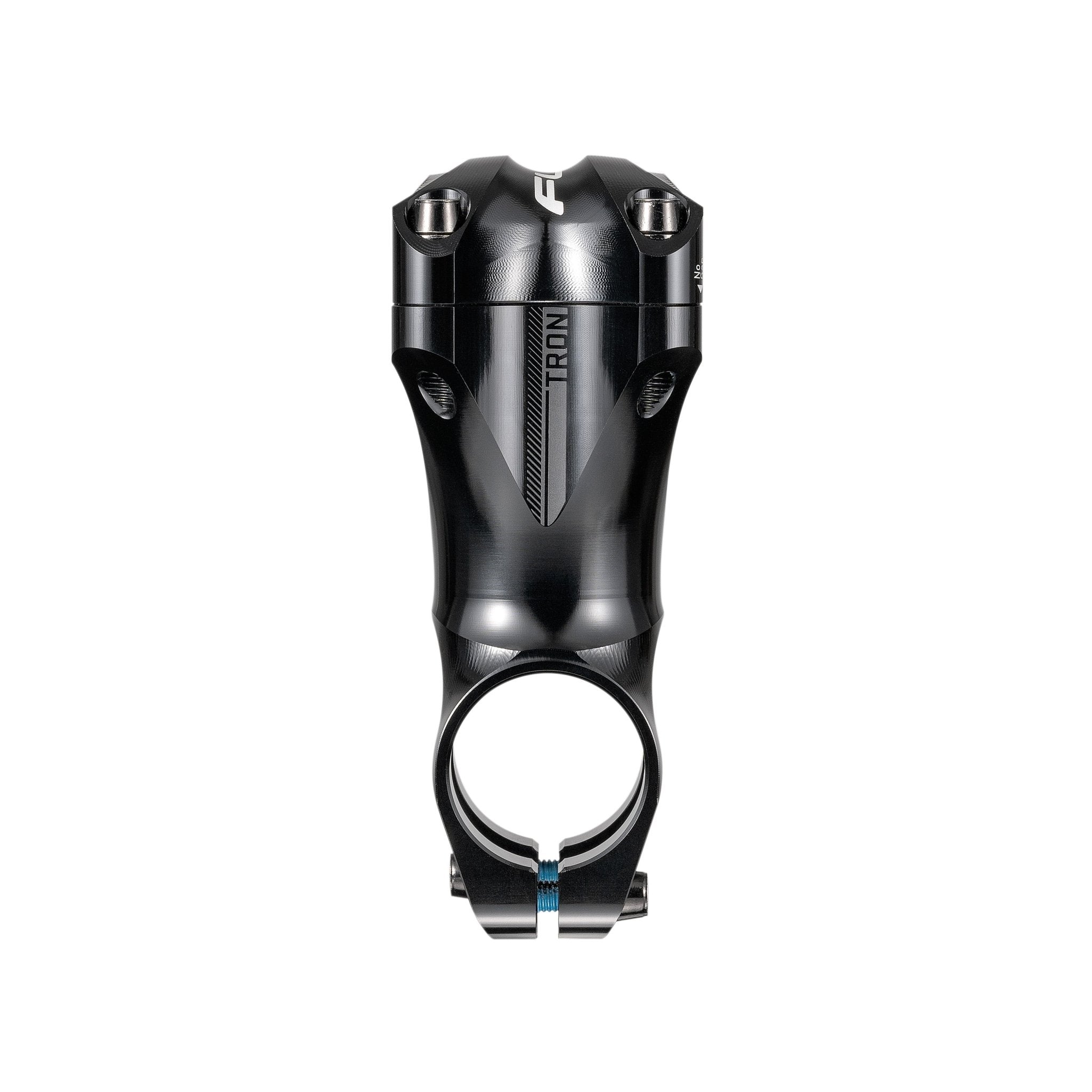 FUNN Tron Stem 70mm in black anodized alloy, sleek CNC design with four-bolt clamp for secure MTB handlebar mounting