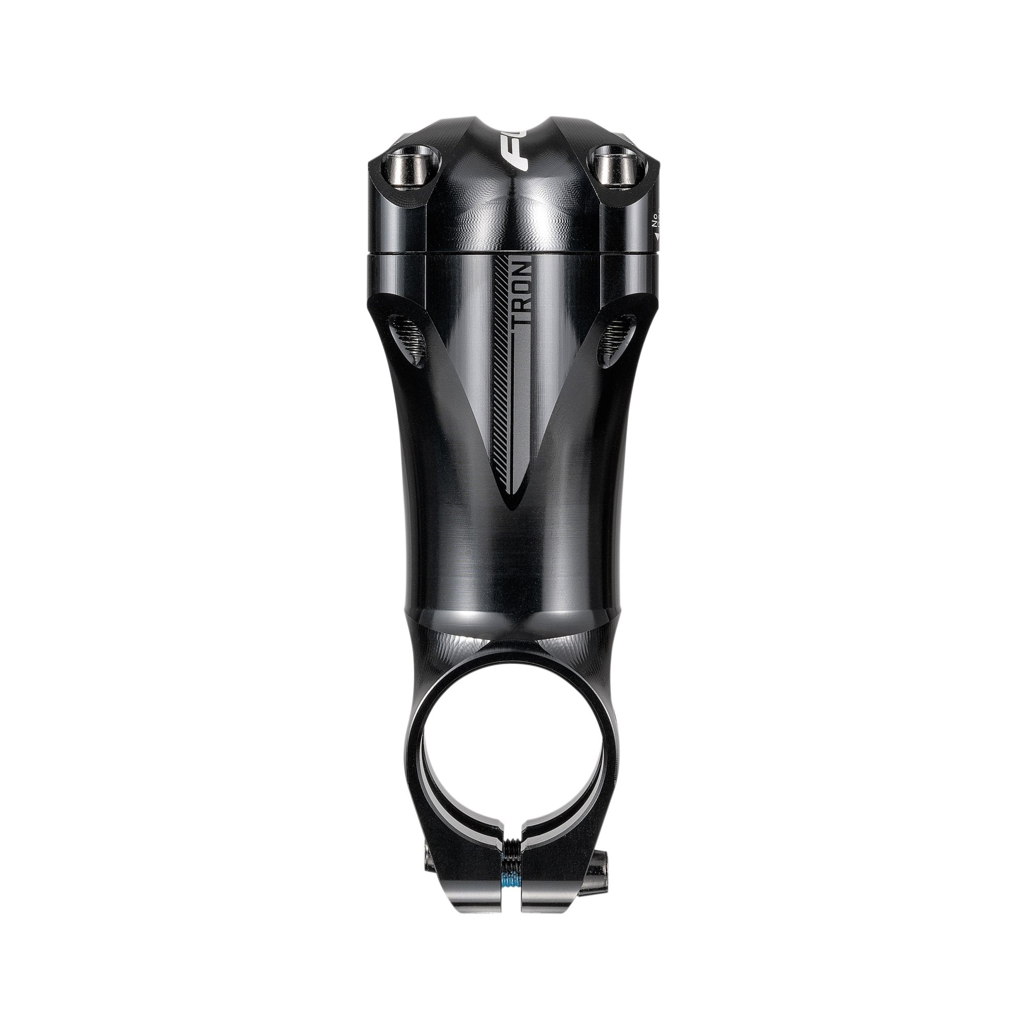 FUNN Tron Stem 80mm in black alloy, sleek aero design with four-bolt handlebar clamp for secure mountain bike control